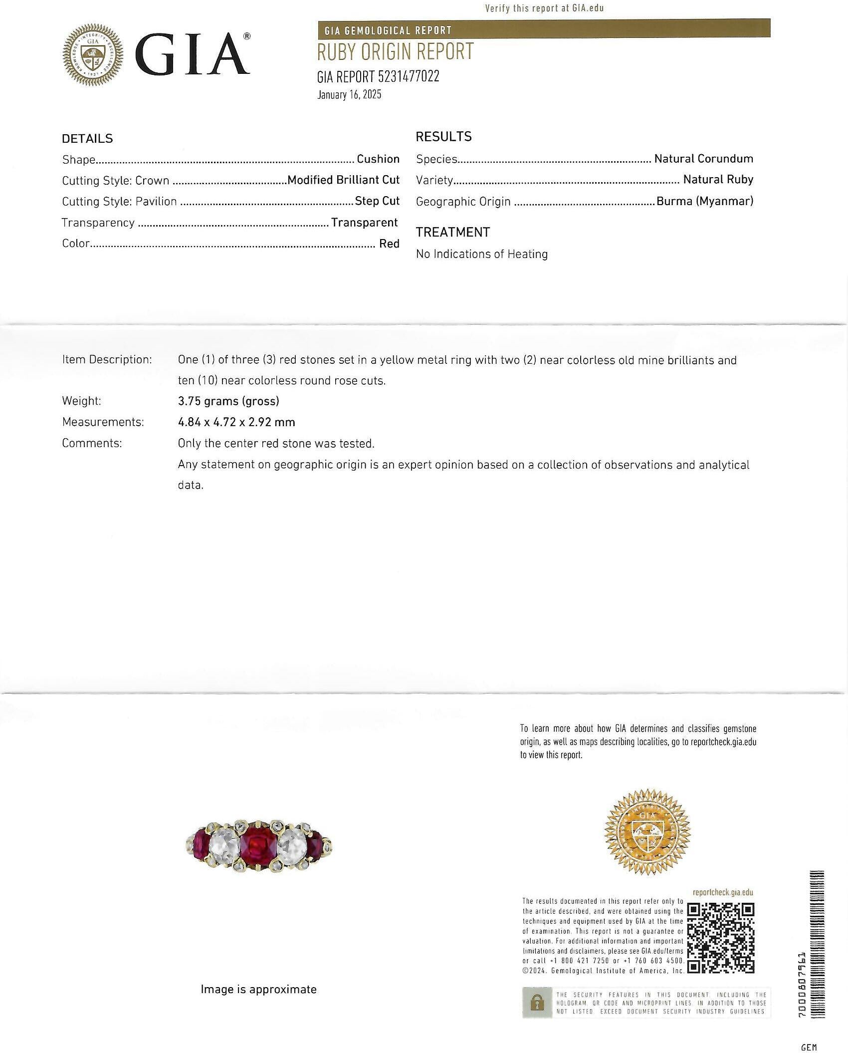 Victorian 2.02 CTW No Heat Burma Ruby Old Mine Cut Diamond 18K Gold Ring GIA