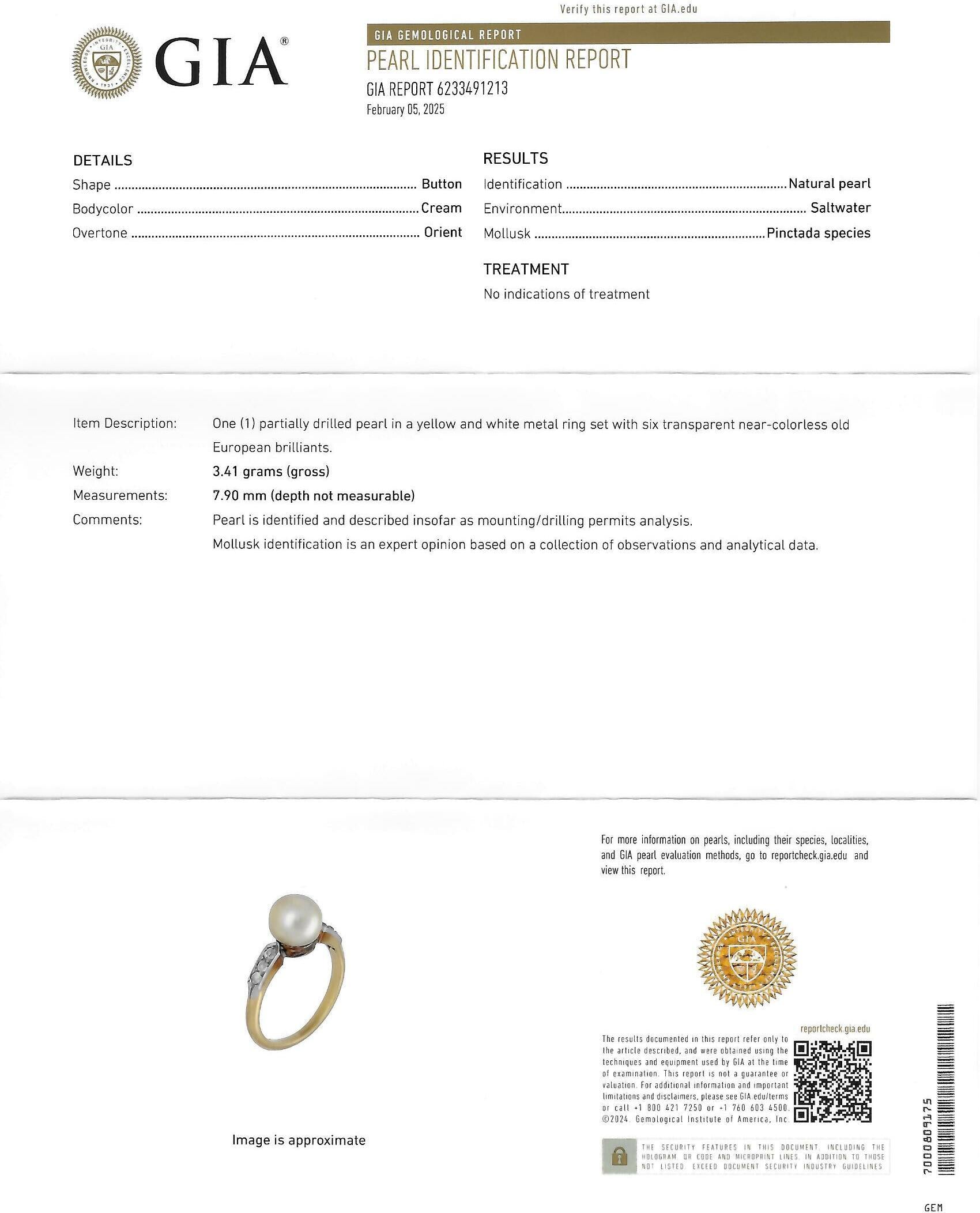 Edwardian Natural Saltwater Pearl Diamond Platinum 18K Gold Antique Ring GIA