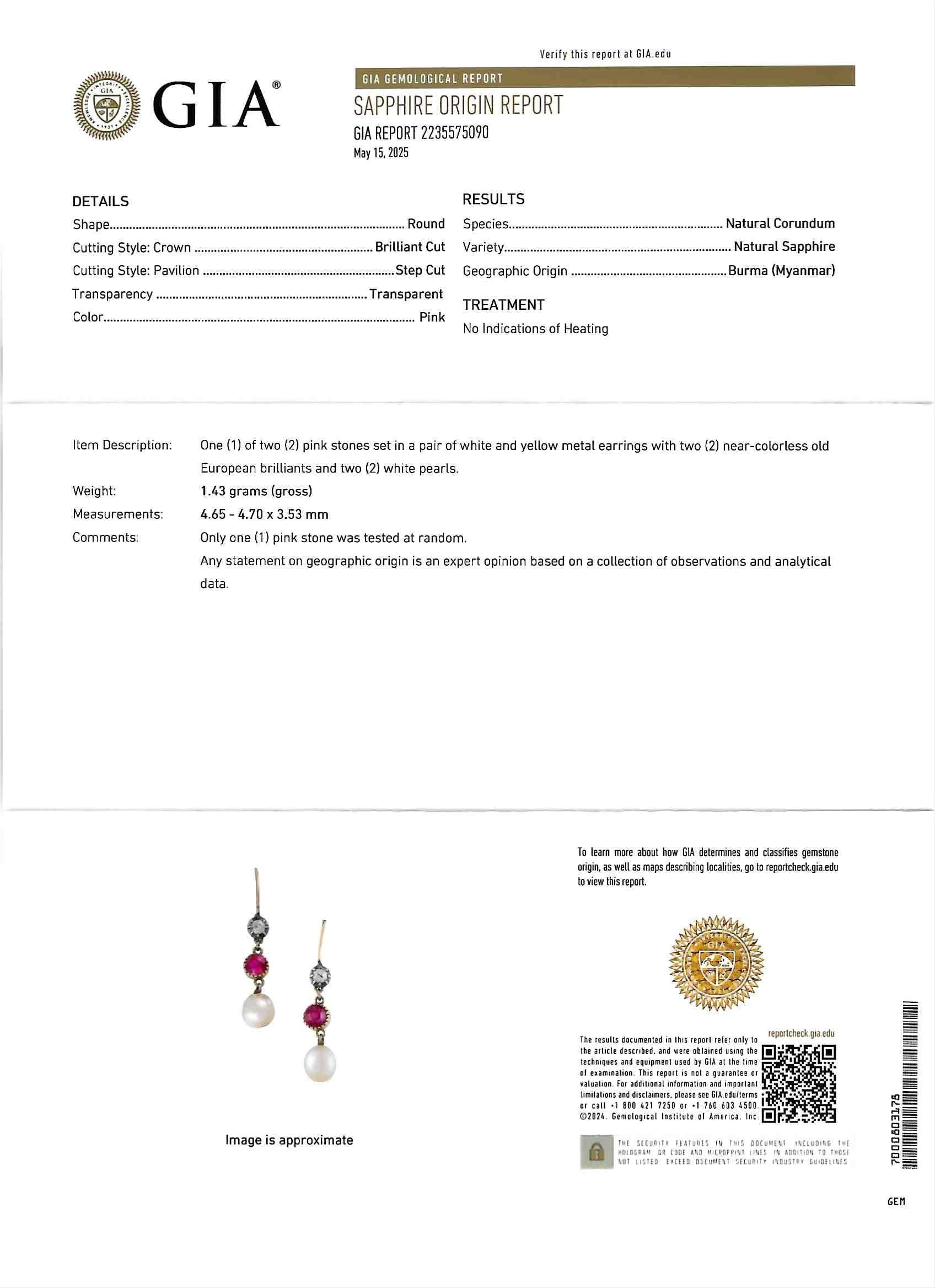 Victorian No Heat Burma Pink Sapphire Diamond Pearl 14K Gold Drop Earrings GIA