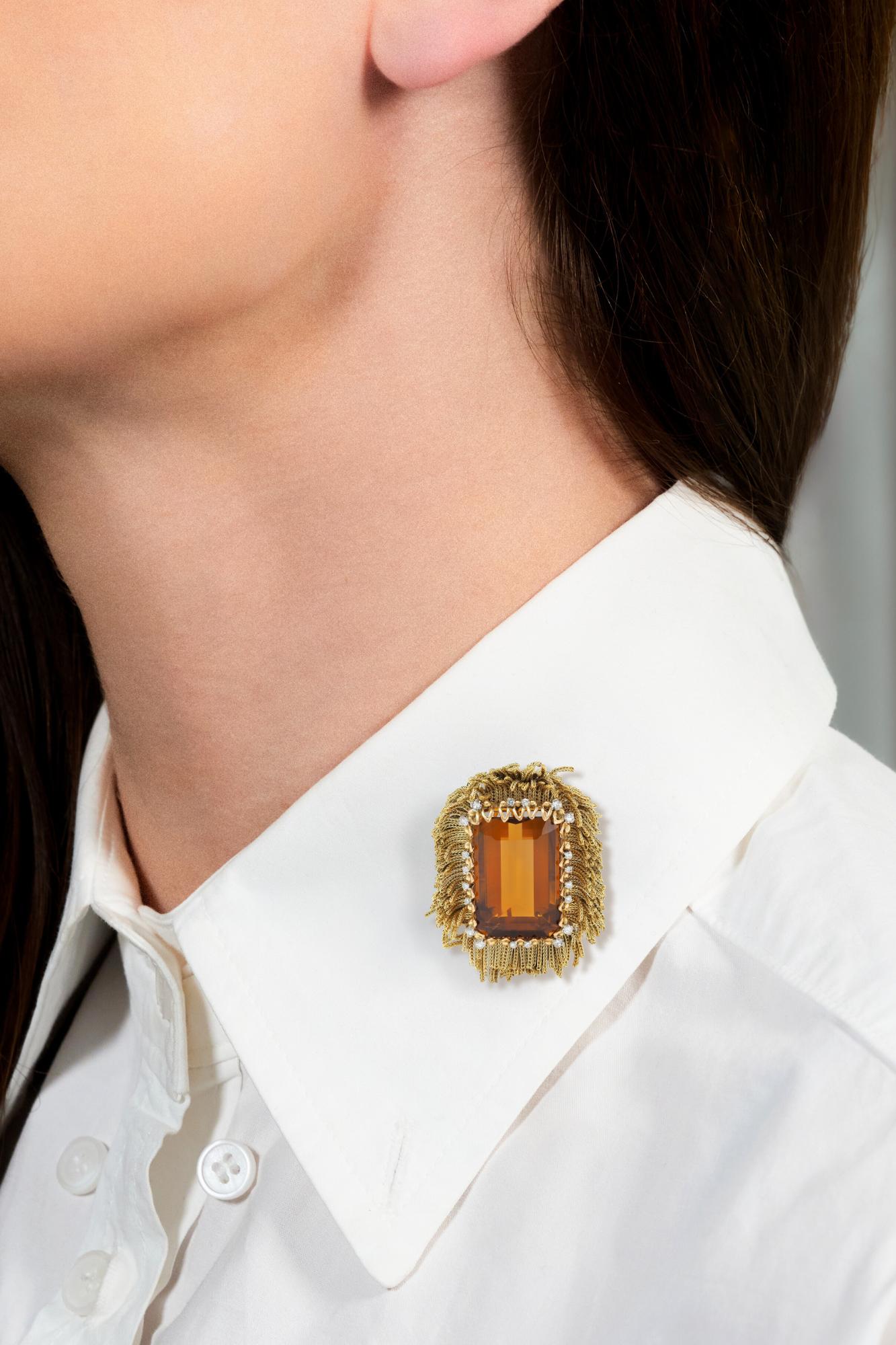 1960's Vintage 30.76 CTW Citrine Diamond 18K Tri-Colored Gold Cluster Brooch