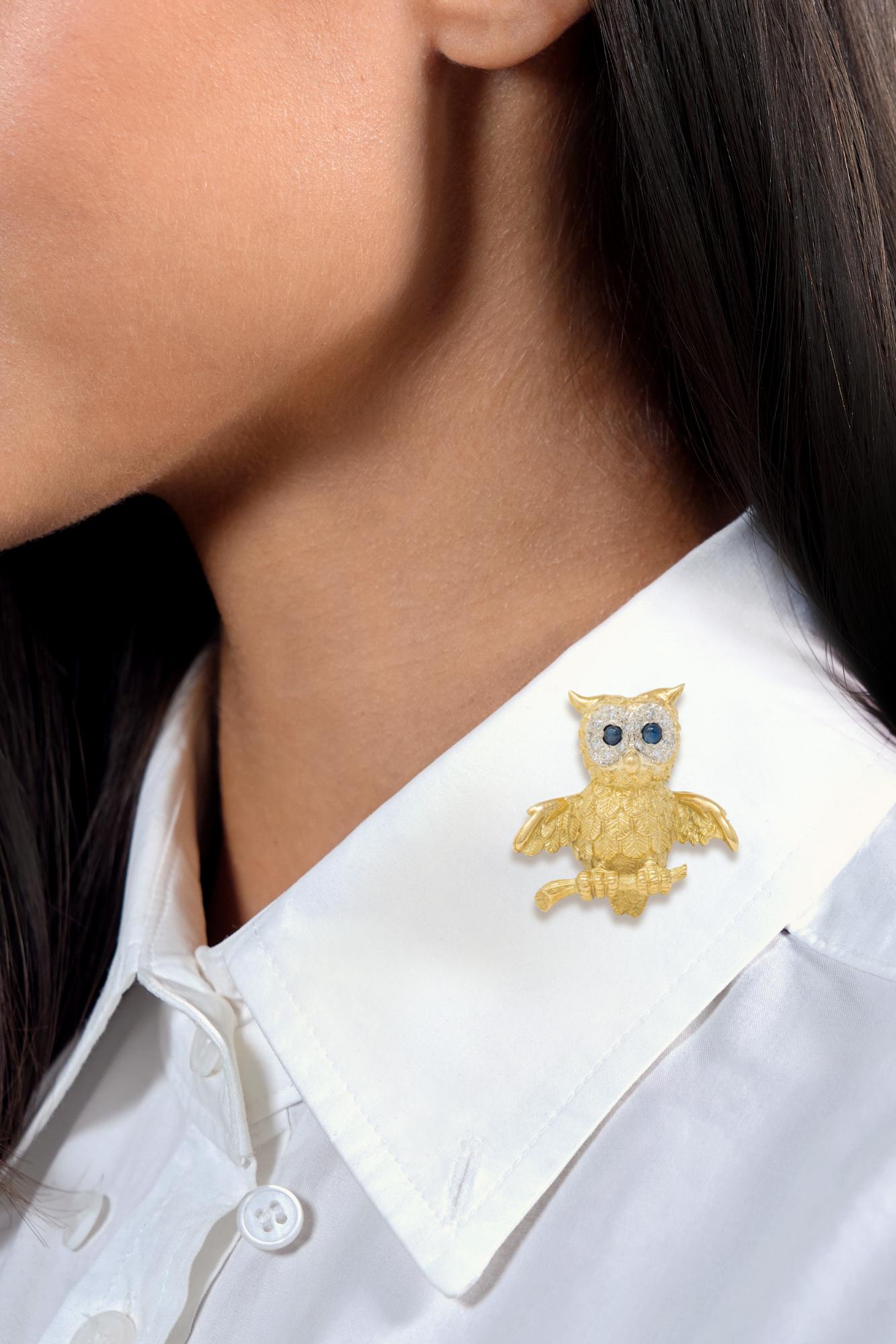 Vintage 18 Karat Yellow Gold Sapphire Diamond Whimsical Owl Bird Brooch