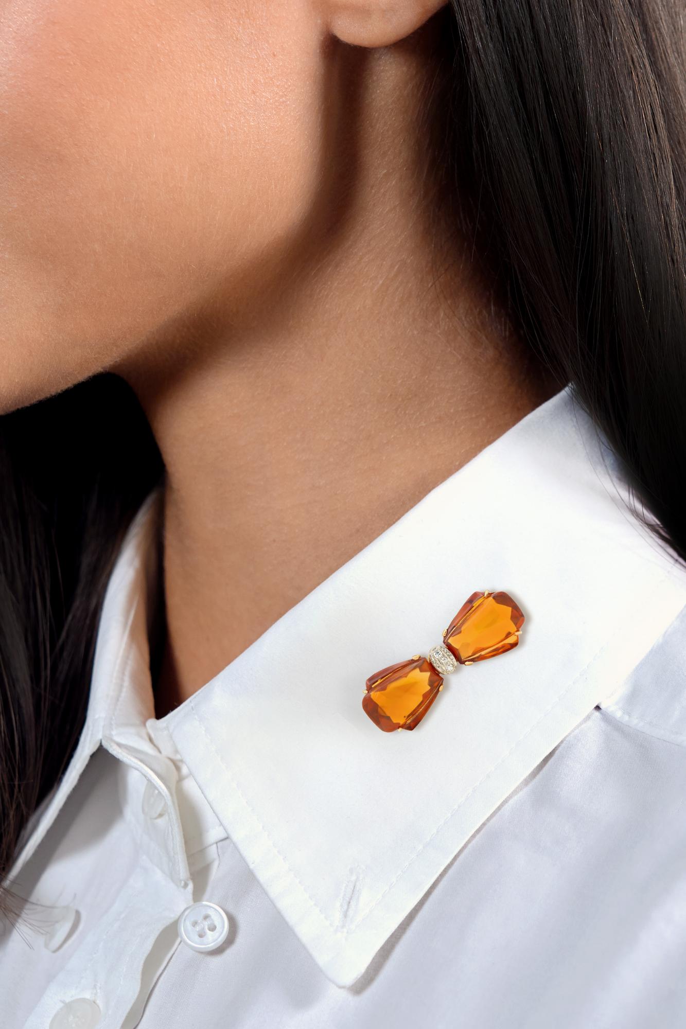 Art Deco Citrine Diamond 14 Karat Yellow Gold Platinum Vintage Bowtie Brooch