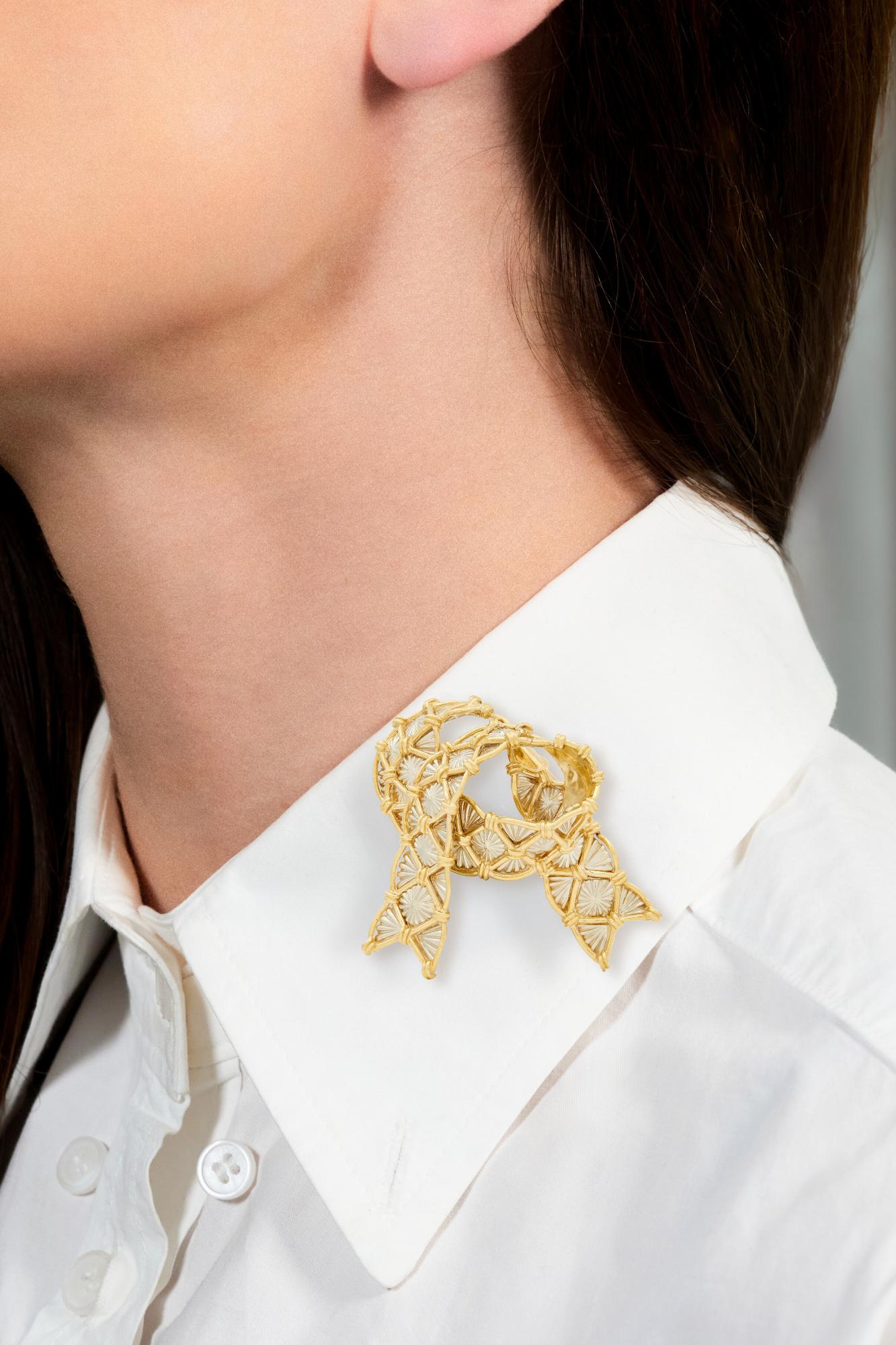 Cartier 1950's 18 Karat Two-Tone Yellow White Gold Vintage Ribbon Brooch