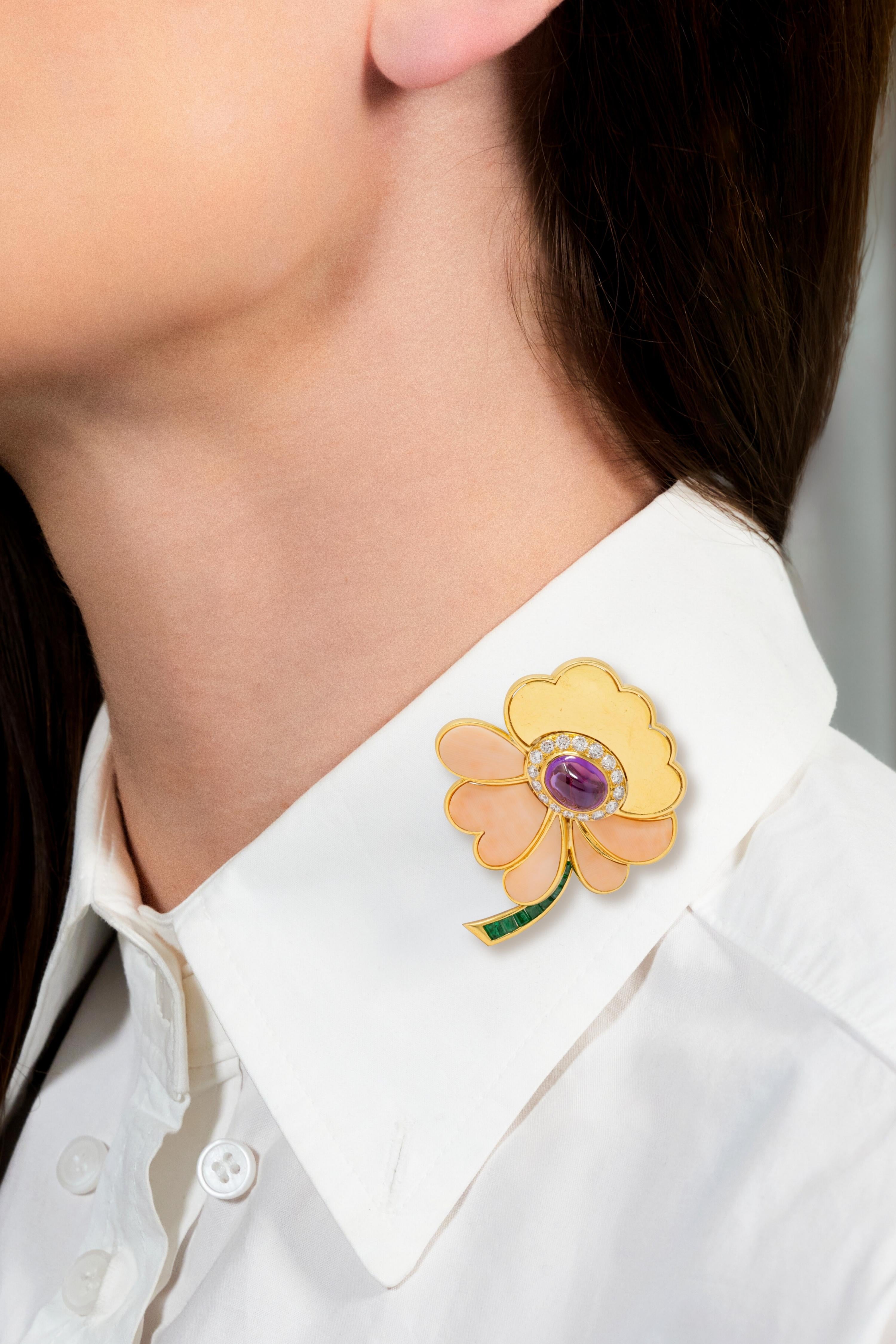 Bulgari 1970s Coral Emerald Diamond Pink Sapphire 18K Gold Vintage Flower Brooch