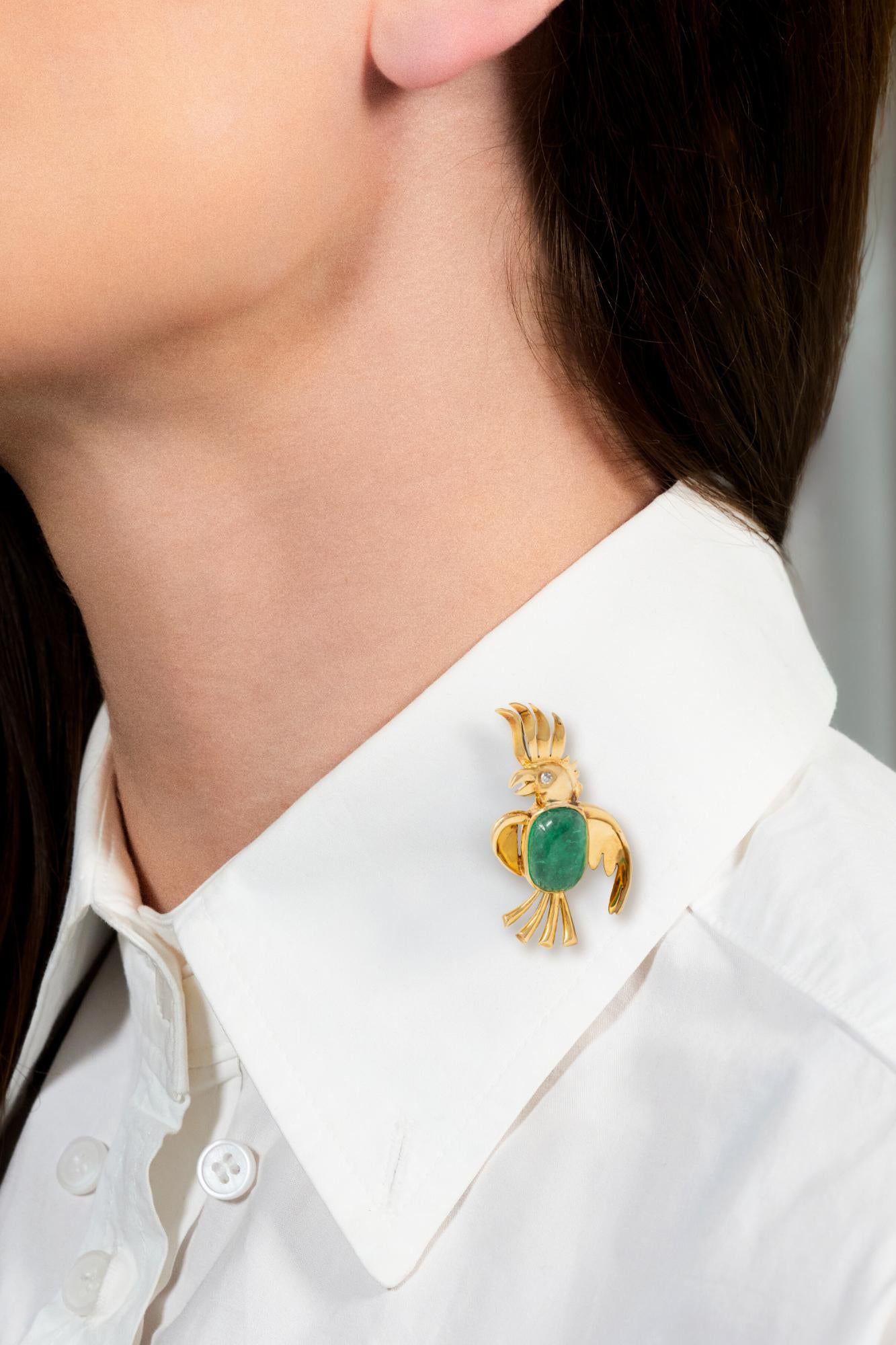 Van Cleef & Arpels French Emerald Diamond 18K Yellow Gold Vintage Bird Brooch