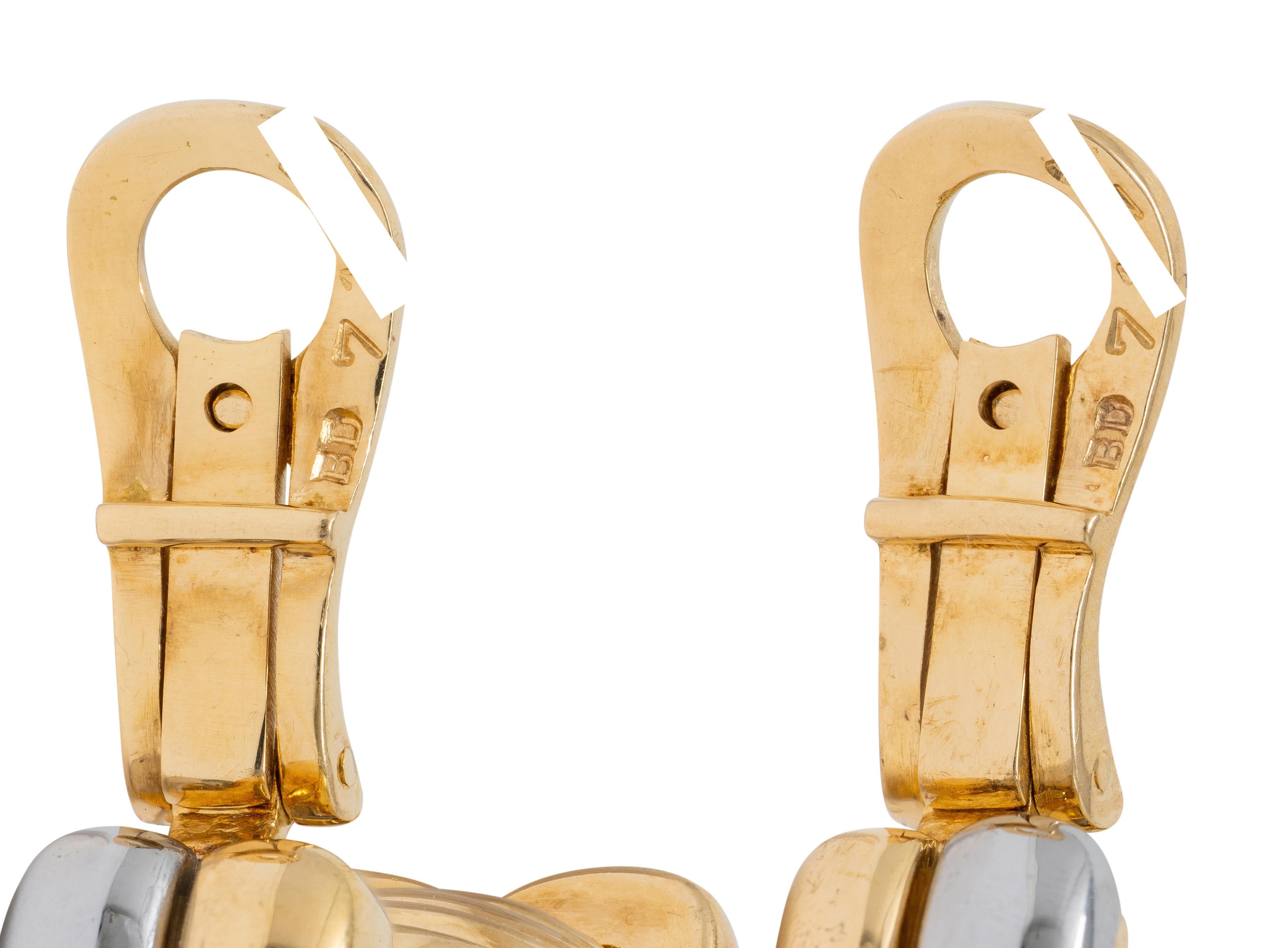Bulgari 1990's 18 Karat Gold Stainless Steel Vintage J-Hoop Ear-Clip Earrings