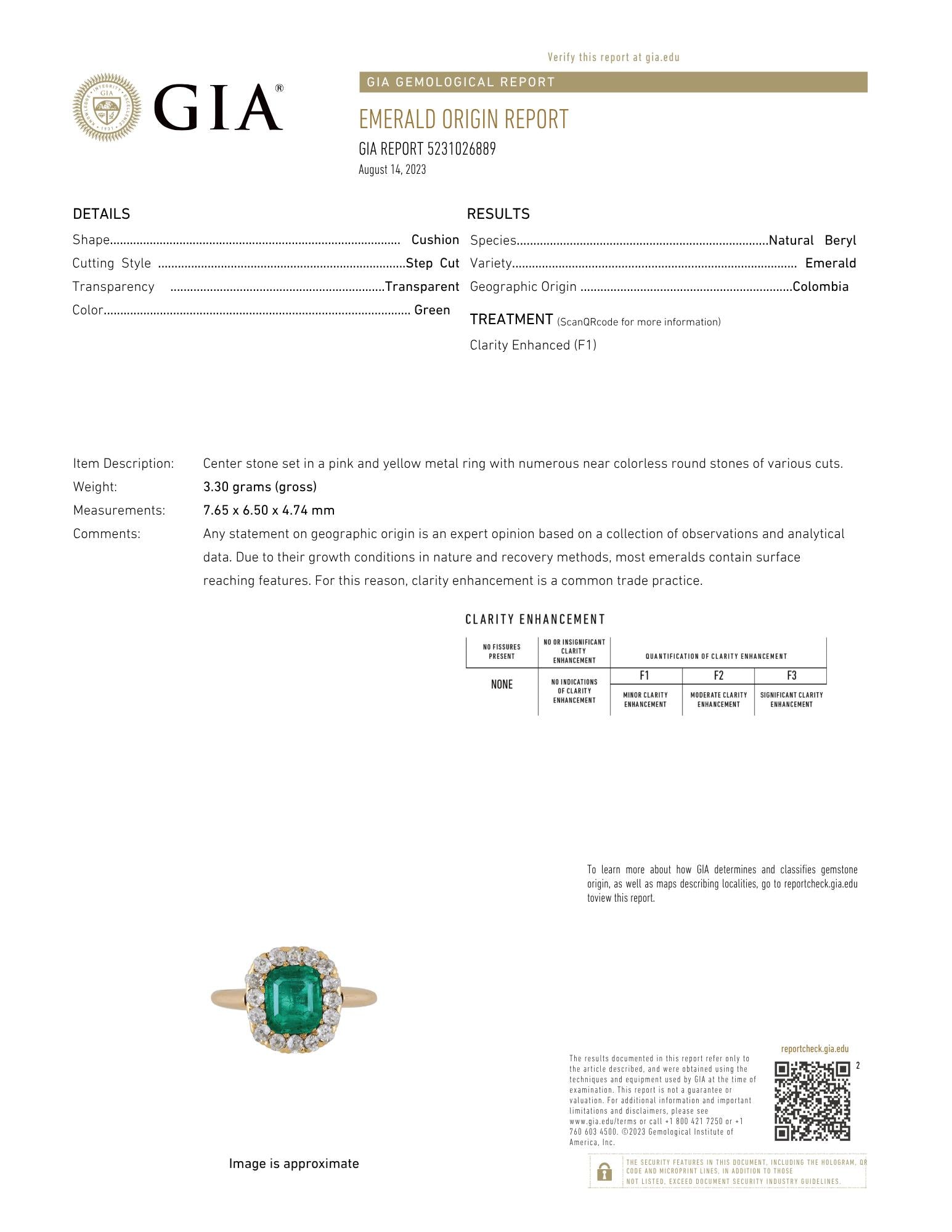 Victorian 2.51 CTW Colombian Emerald Diamond 14K Gold Antique Halo Ring GIA