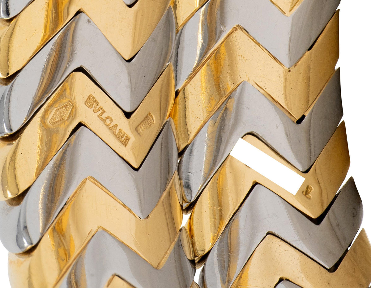 Bulgari 18K Yellow Gold Stainless Steel Spiga Chevron Vintage Bangle Bracelet
