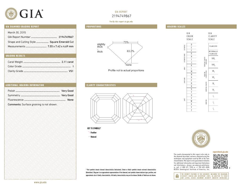 Contemporary 2.11 CTW Asscher Cut Diamond 18K Gold Solitaire Unisex Ring GIA