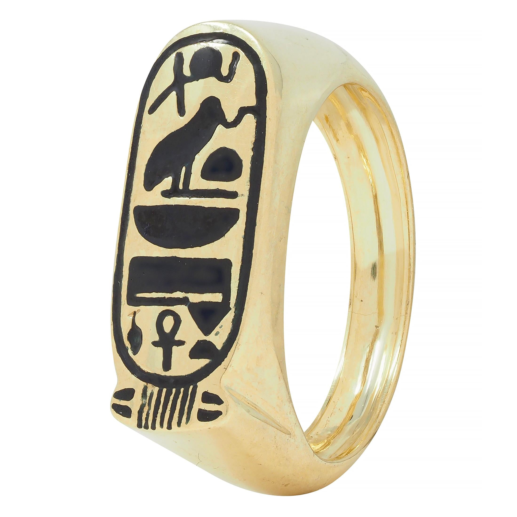 Contemporary Enamel 14 Karat Yellow Gold Egyptian Revival Cartouche Signet Ring