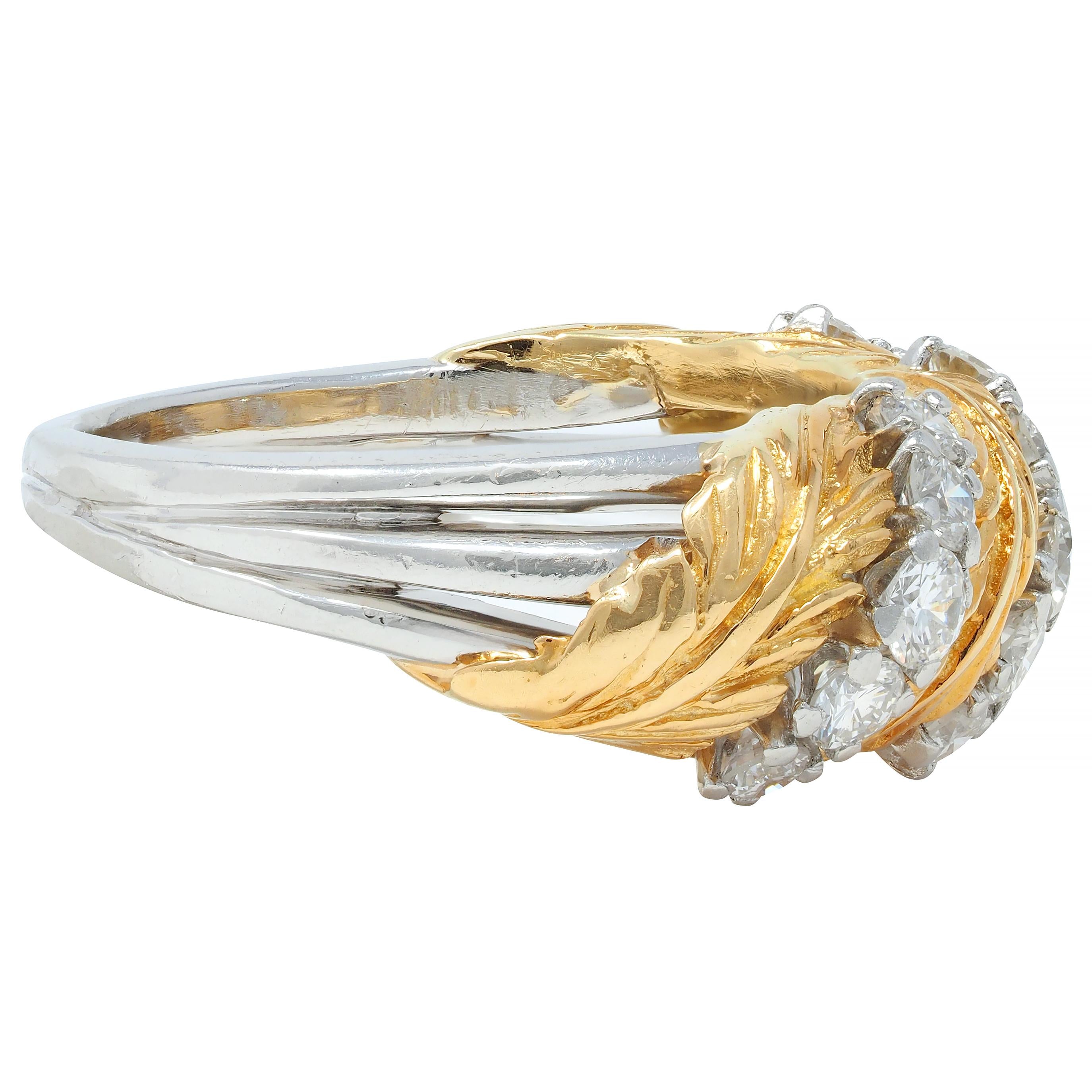McTeigue & Co. 1950's Diamond Platinum 18 Karat Gold Vintage Feather Band Ring
