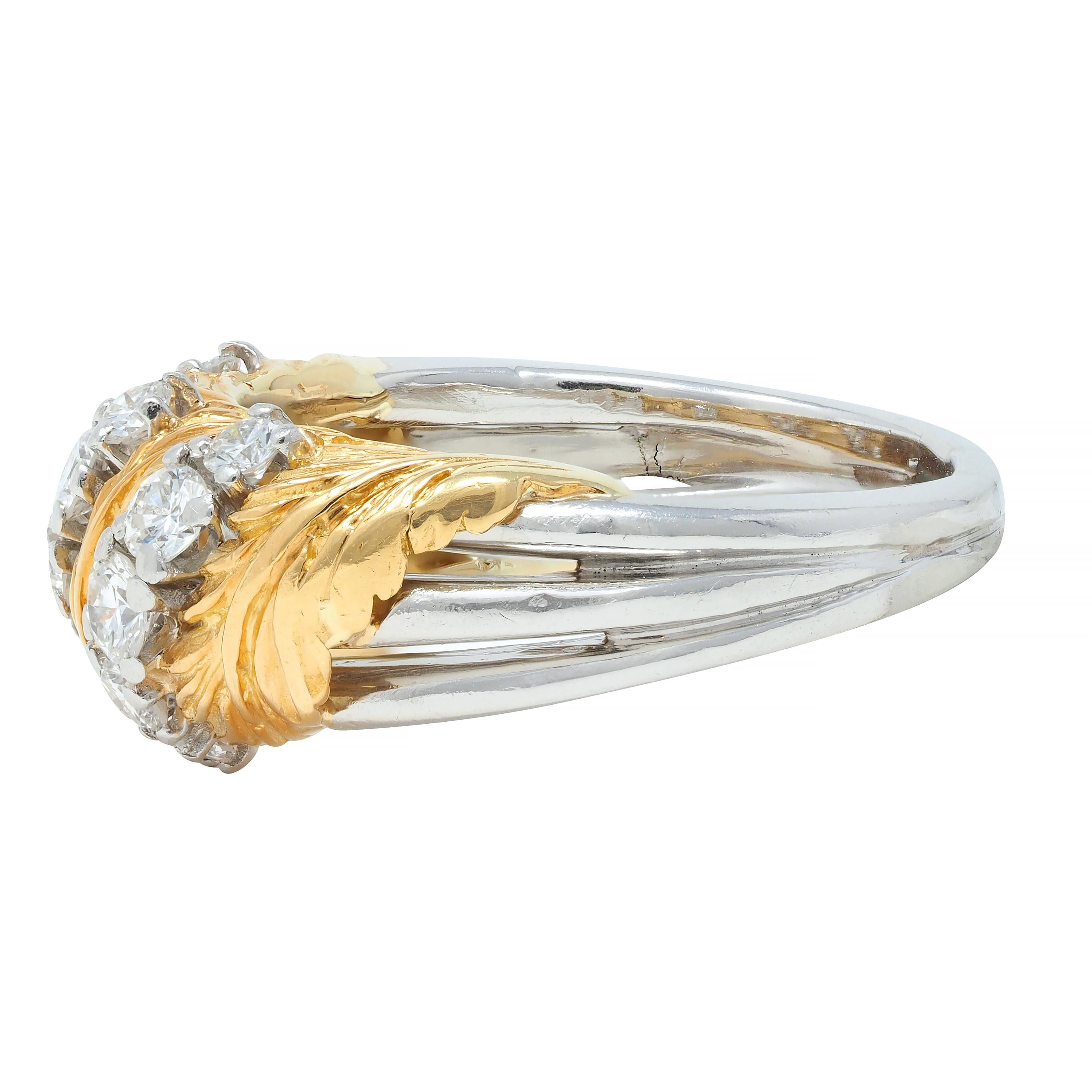 McTeigue & Co. 1950's Diamond Platinum 18 Karat Gold Vintage Feather Band Ring