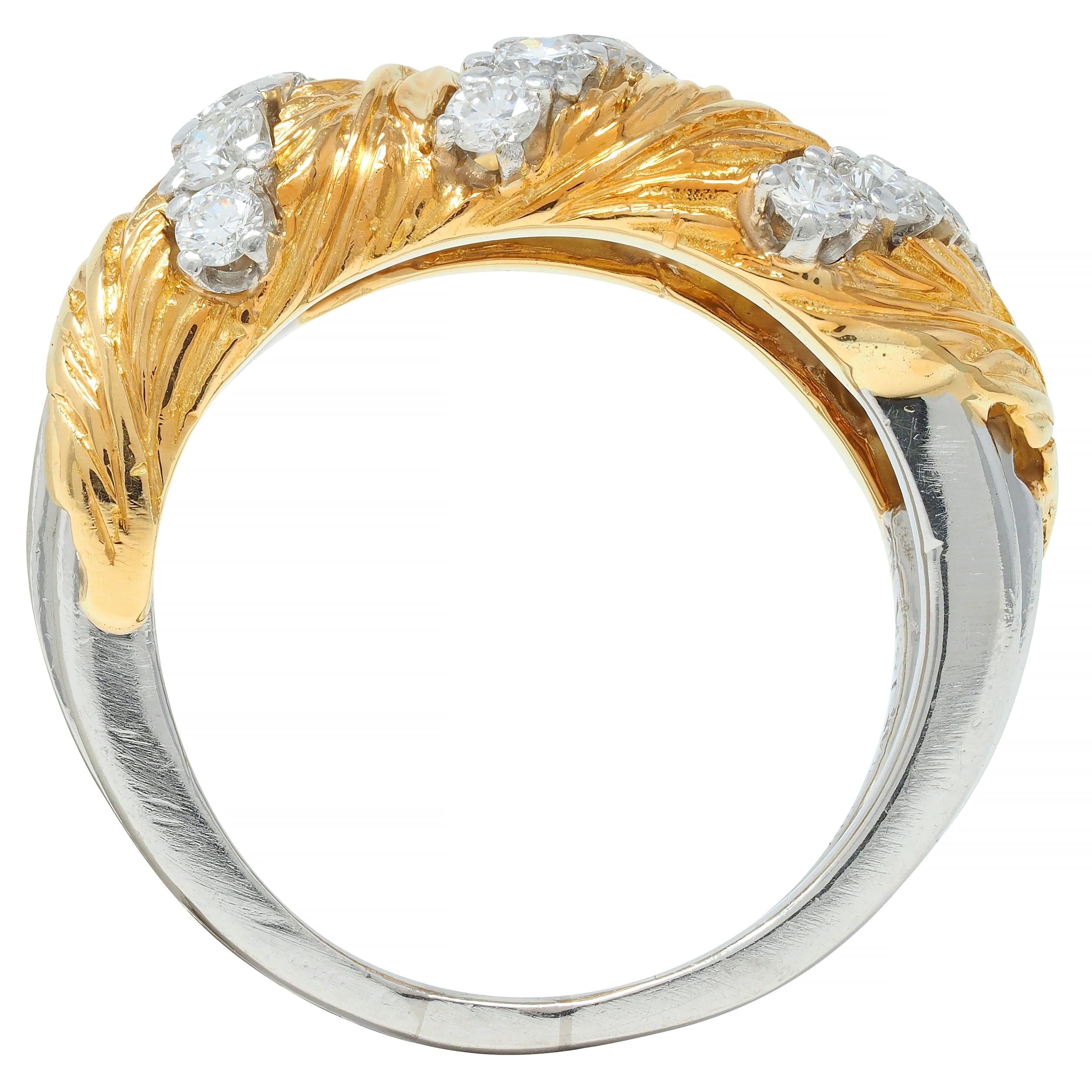 McTeigue & Co. 1950's Diamond Platinum 18 Karat Gold Vintage Feather Band Ring