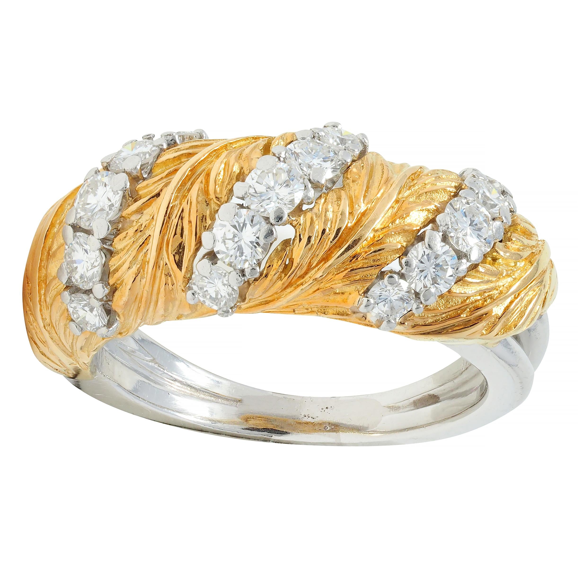 McTeigue & Co. 1950's Diamond Platinum 18 Karat Gold Vintage Feather Band Ring