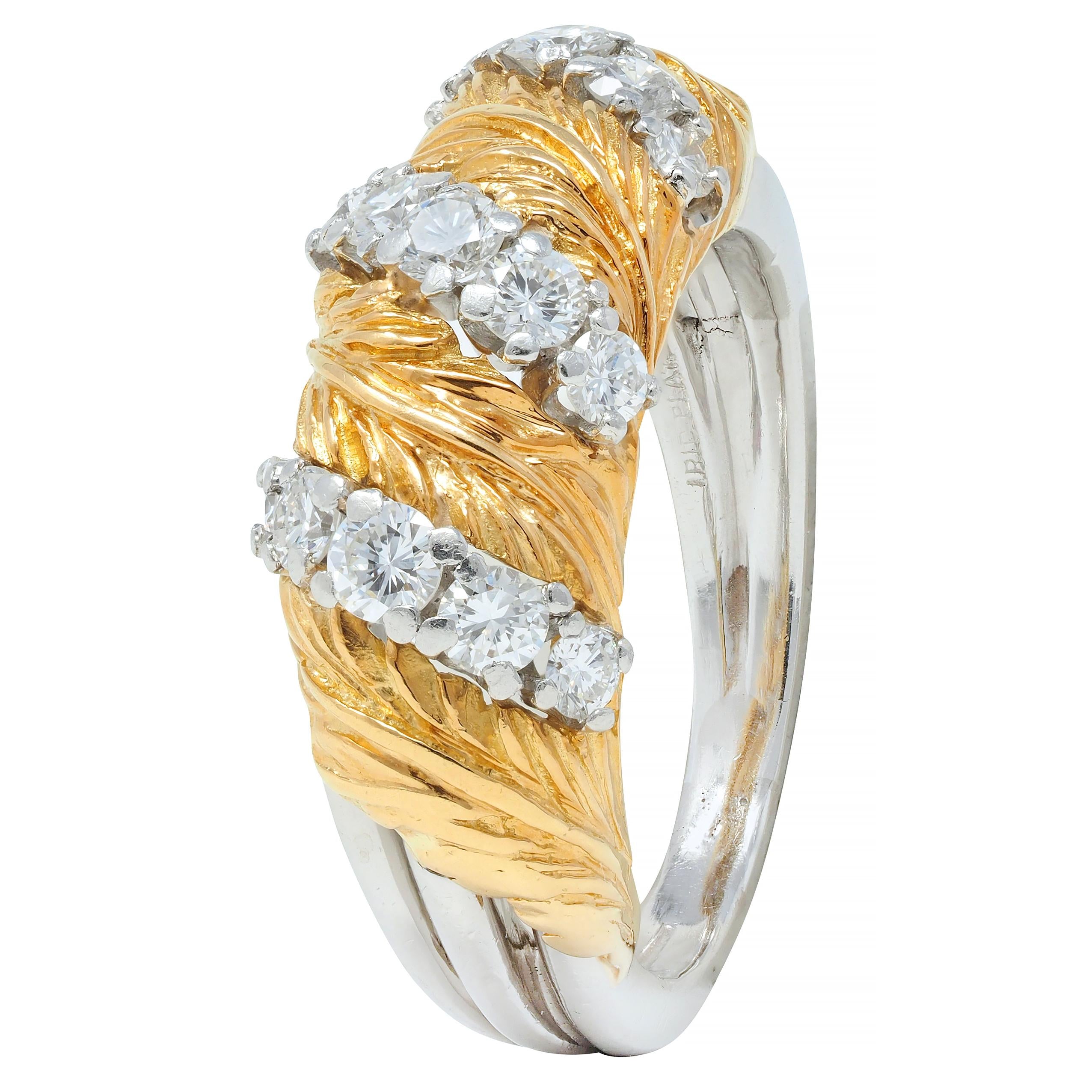McTeigue & Co. 1950's Diamond Platinum 18 Karat Gold Vintage Feather Band Ring