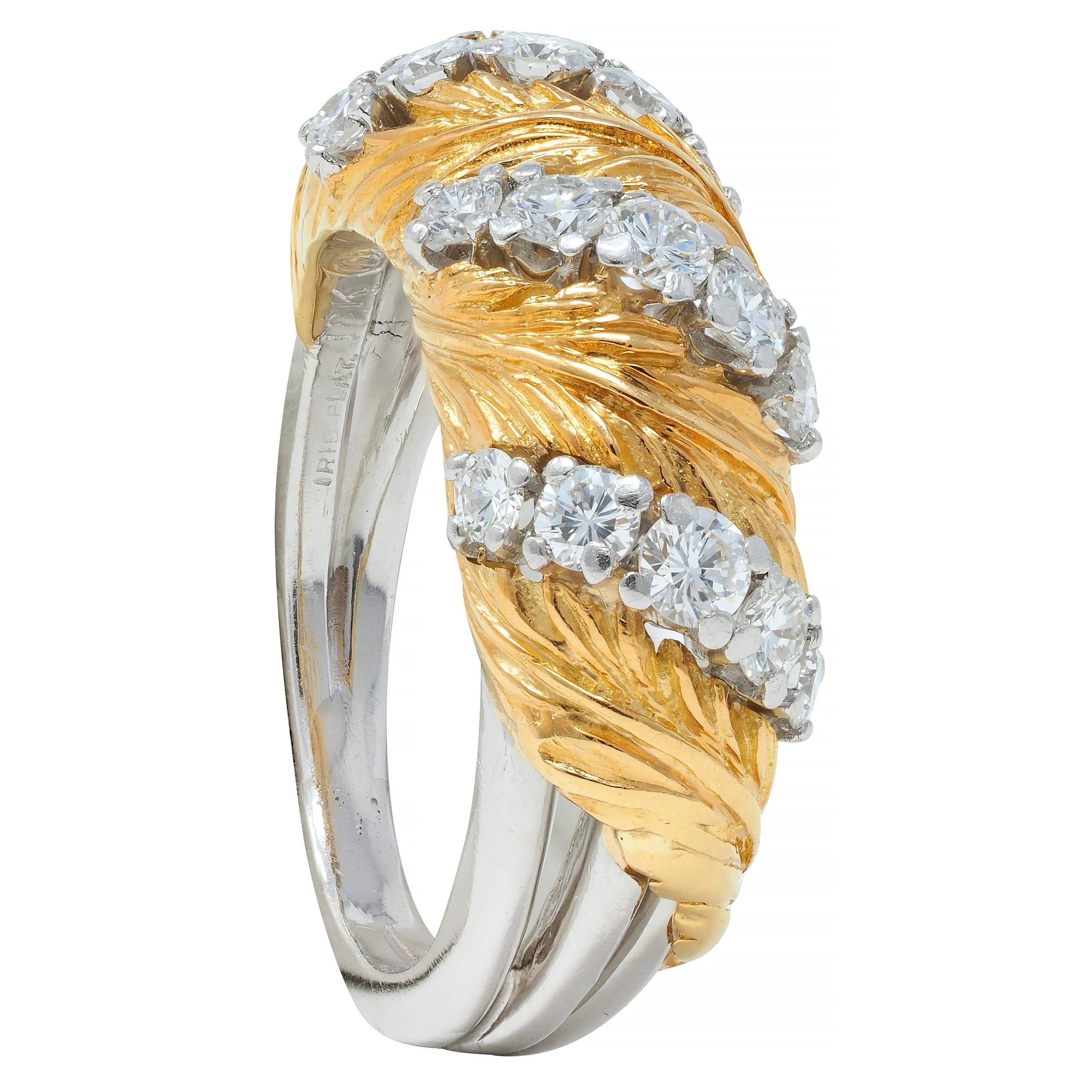 McTeigue & Co. 1950's Diamond Platinum 18 Karat Gold Vintage Feather Band Ring