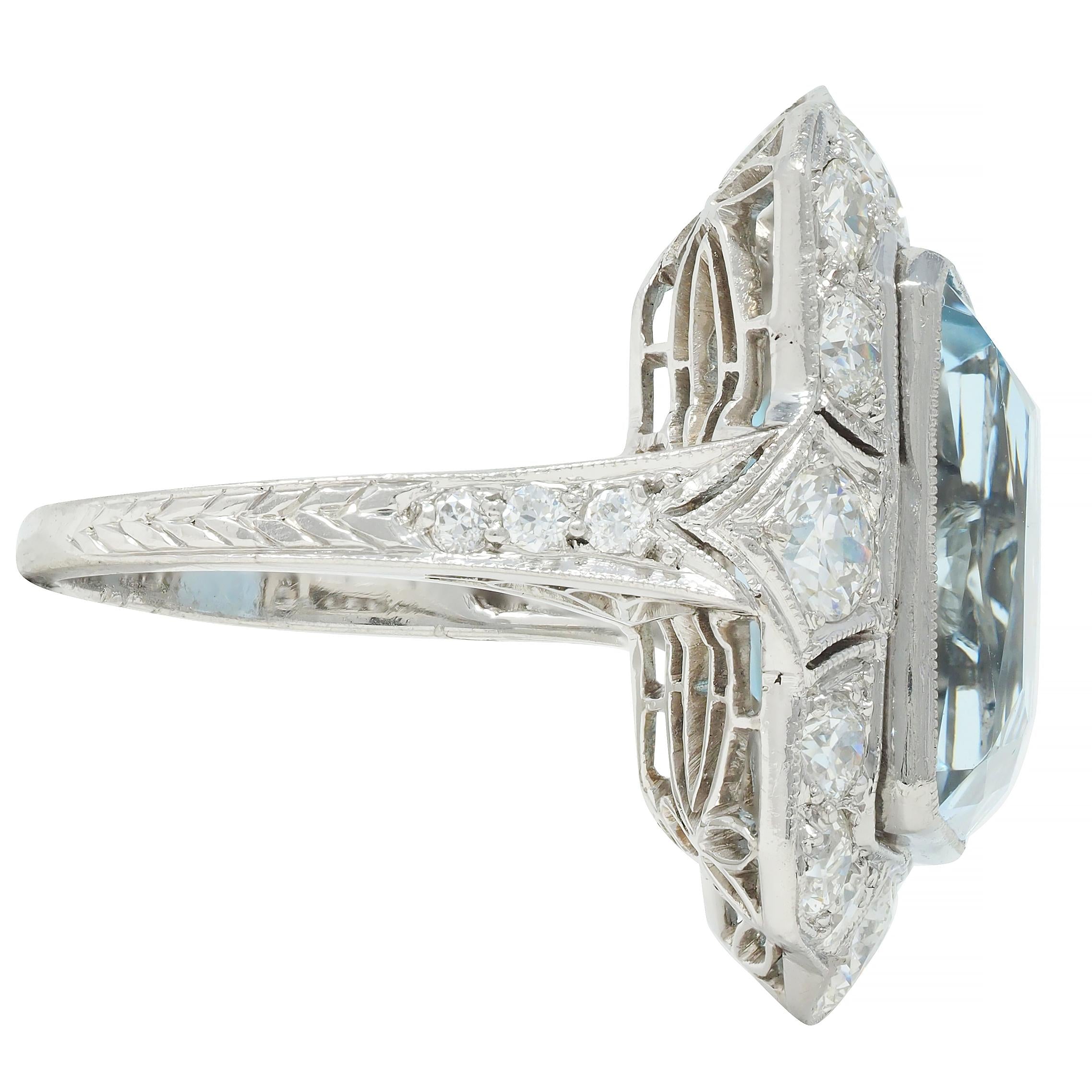Art Deco 8.48 CTW Aquamarine Diamond Platinum Vintage Cocktail Ring