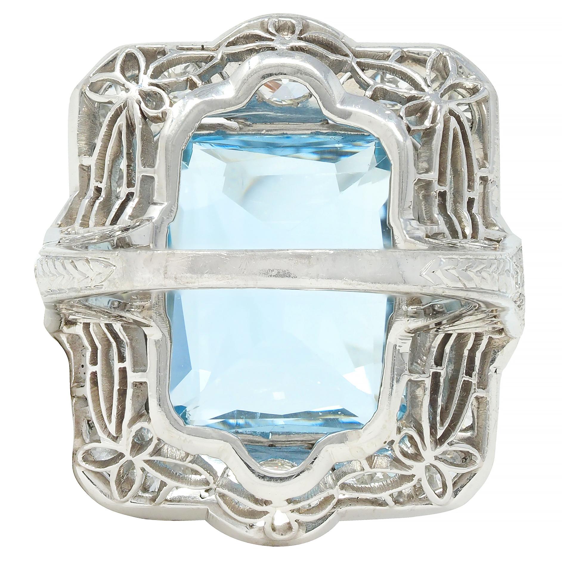 Art Deco 8.48 CTW Aquamarine Diamond Platinum Vintage Cocktail Ring
