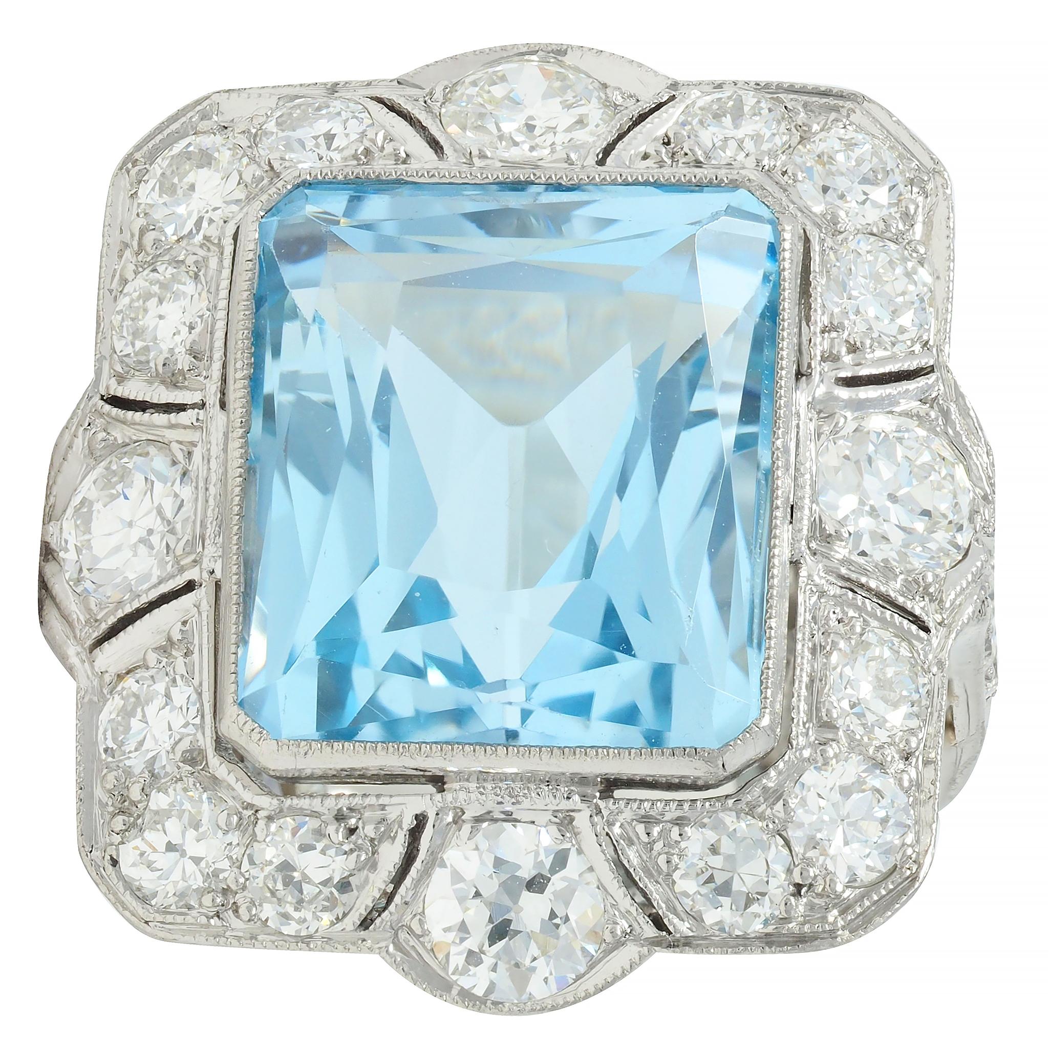 Art Deco 8.48 CTW Aquamarine Diamond Platinum Vintage Cocktail Ring