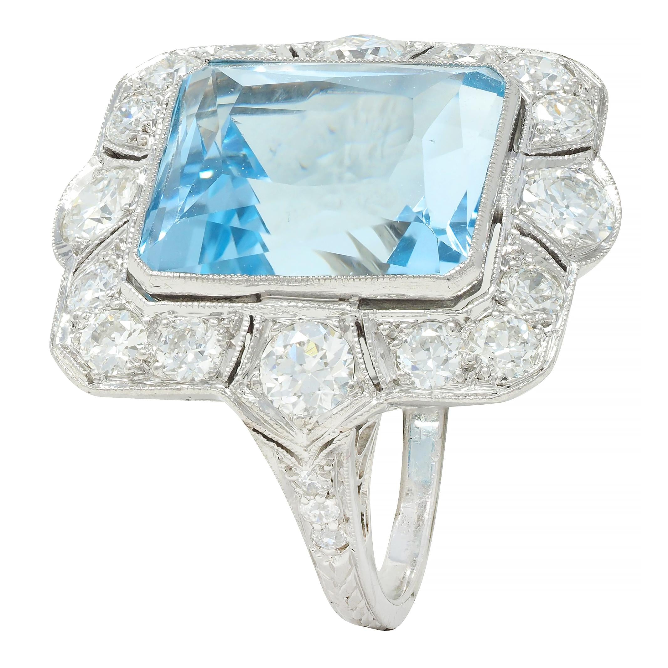 Art Deco 8.48 CTW Aquamarine Diamond Platinum Vintage Cocktail Ring