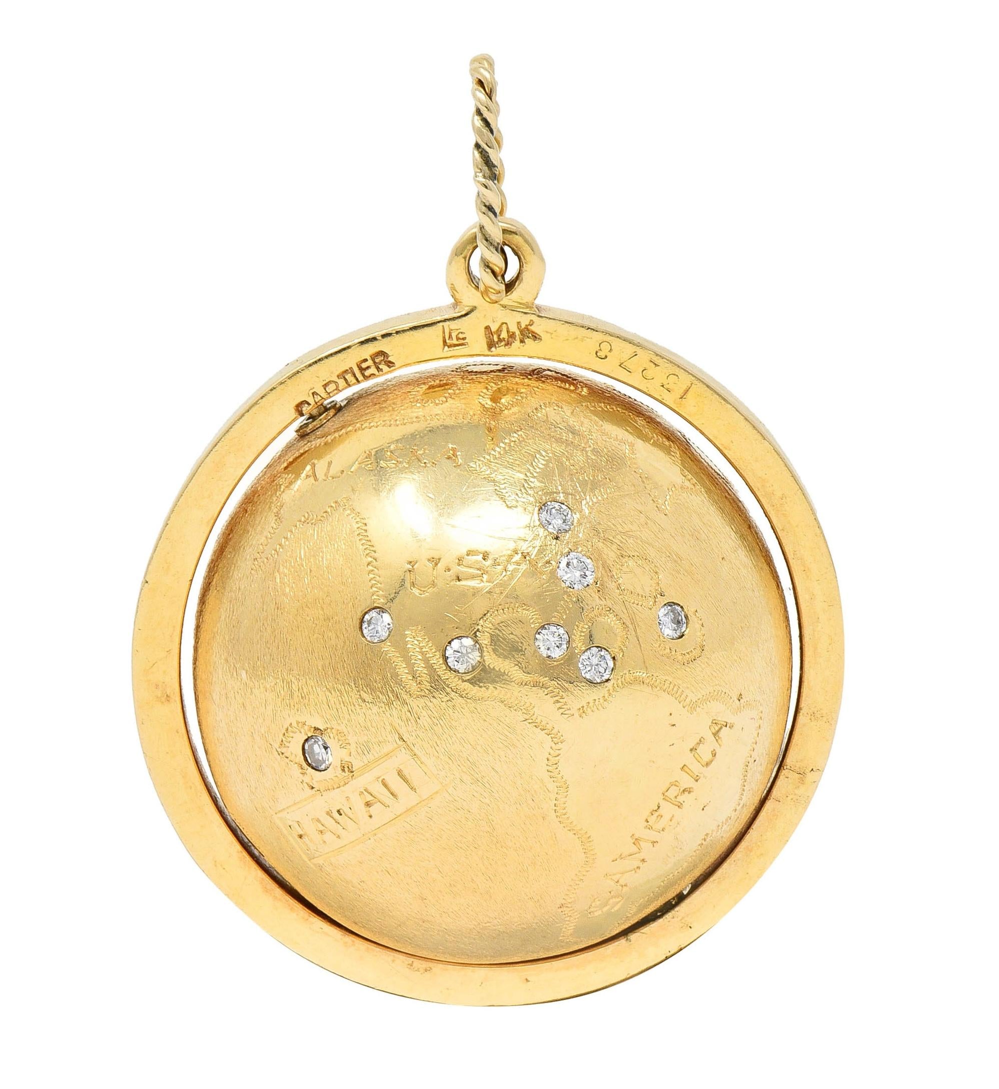 Cartier 1960's Diamond 14 Karat Yellow Gold Spinning World Globe Pendant