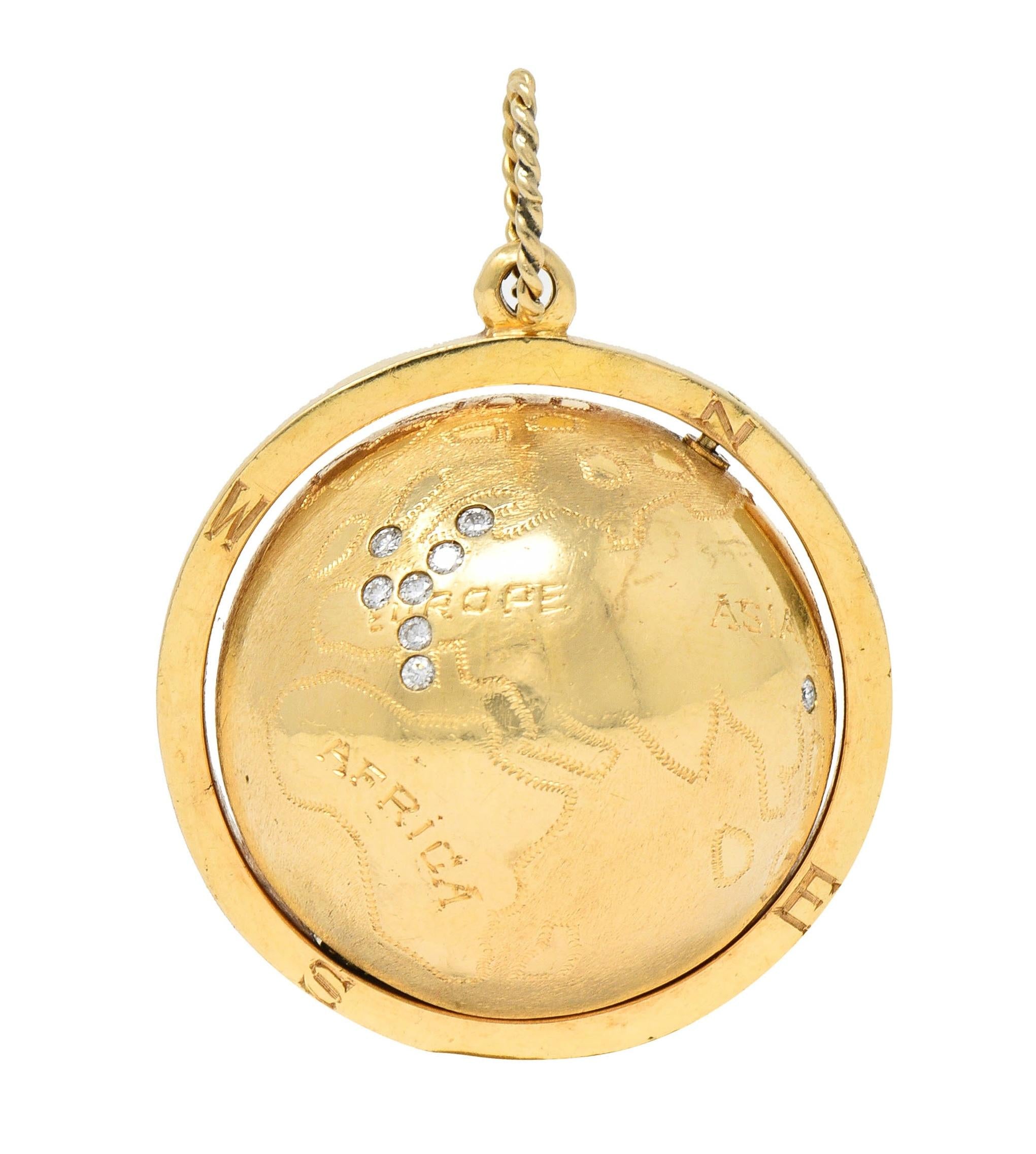 Cartier 1960's Diamond 14 Karat Yellow Gold Spinning World Globe Pendant