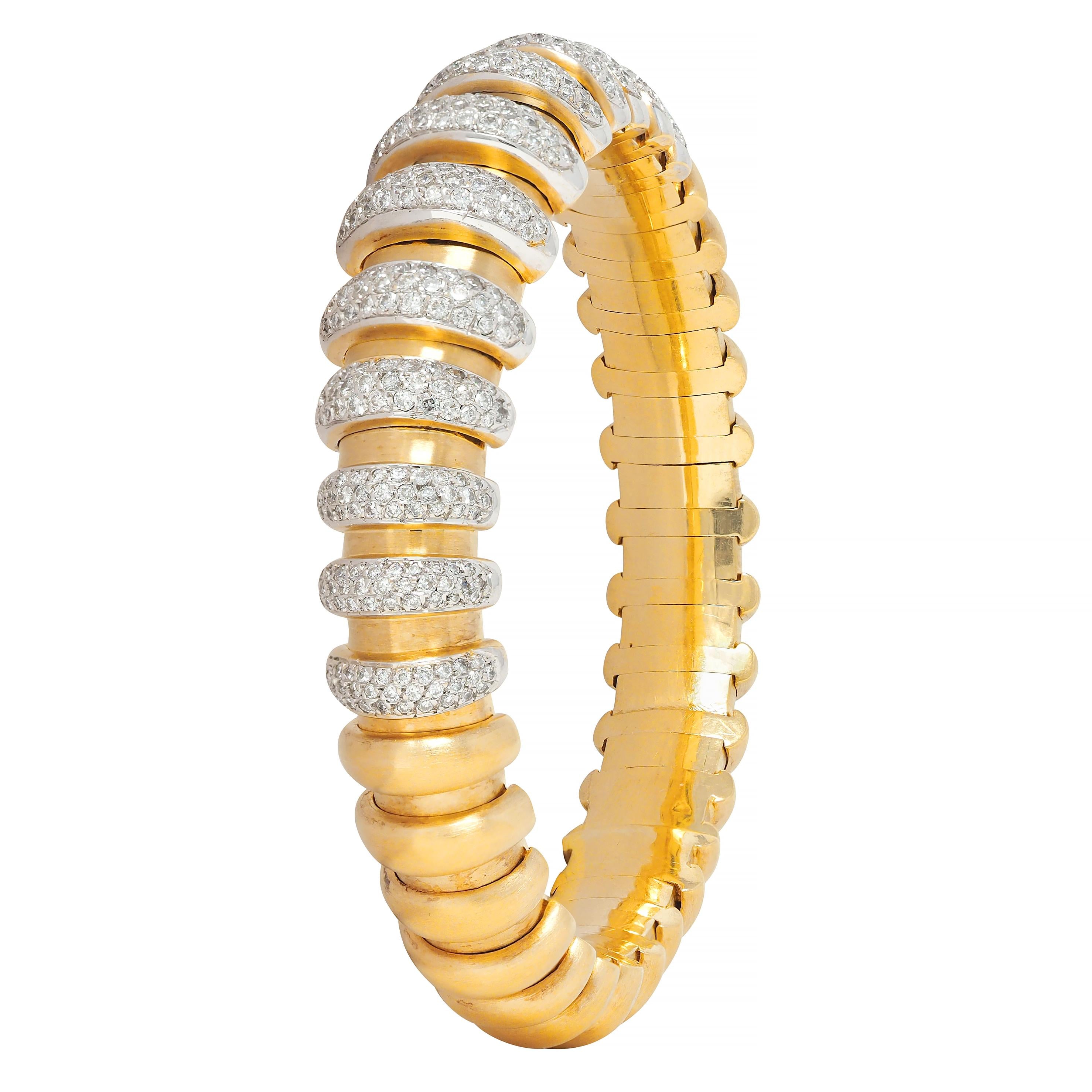 Bulgari 3.40 CTW Diamond 18 Two-Tone Gold Vintage Celtaura Tubogas Cuff Bracelet