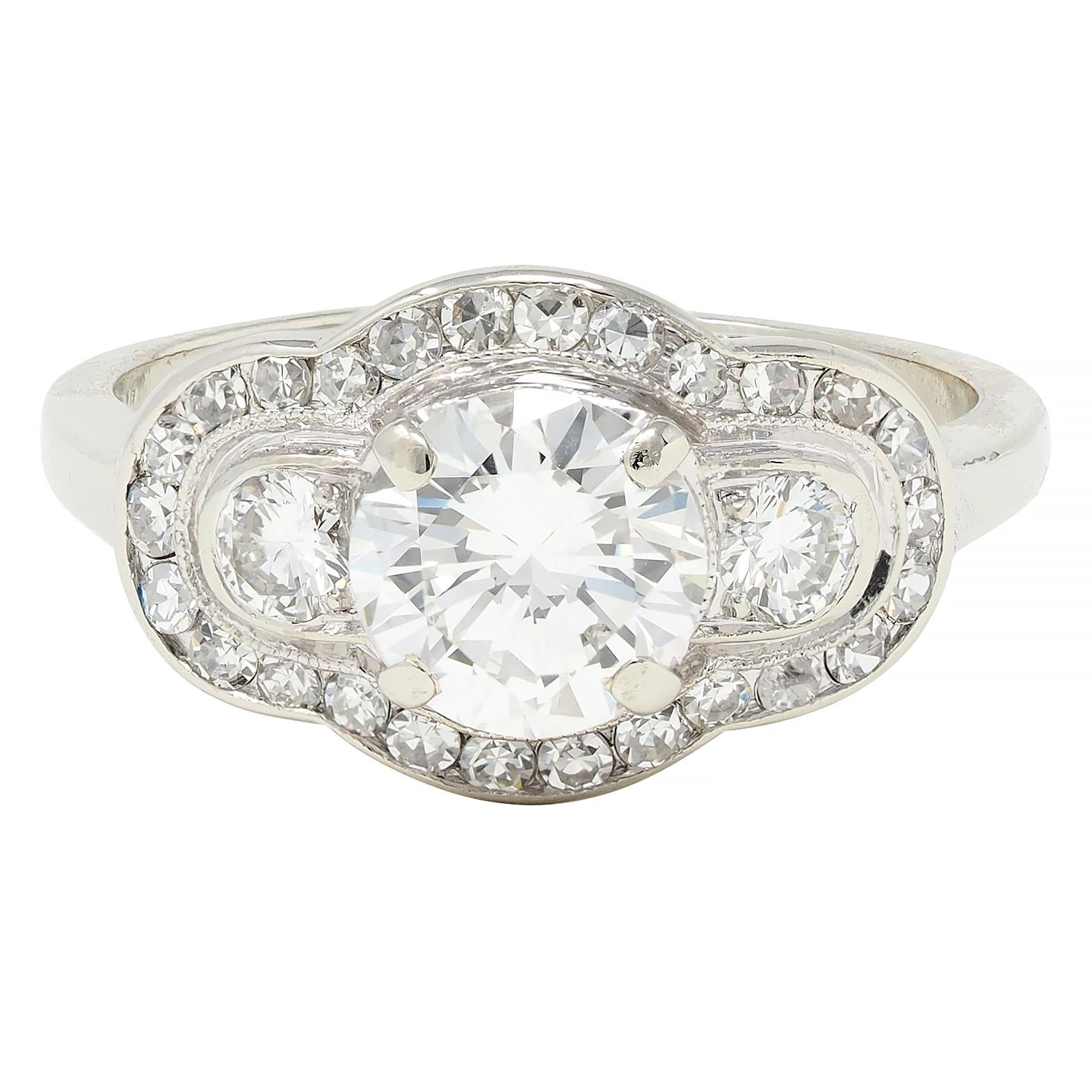 Mid-Century 1.65 CTW Diamond 14 Karat White Gold Vintage Cluster Engagement Ring