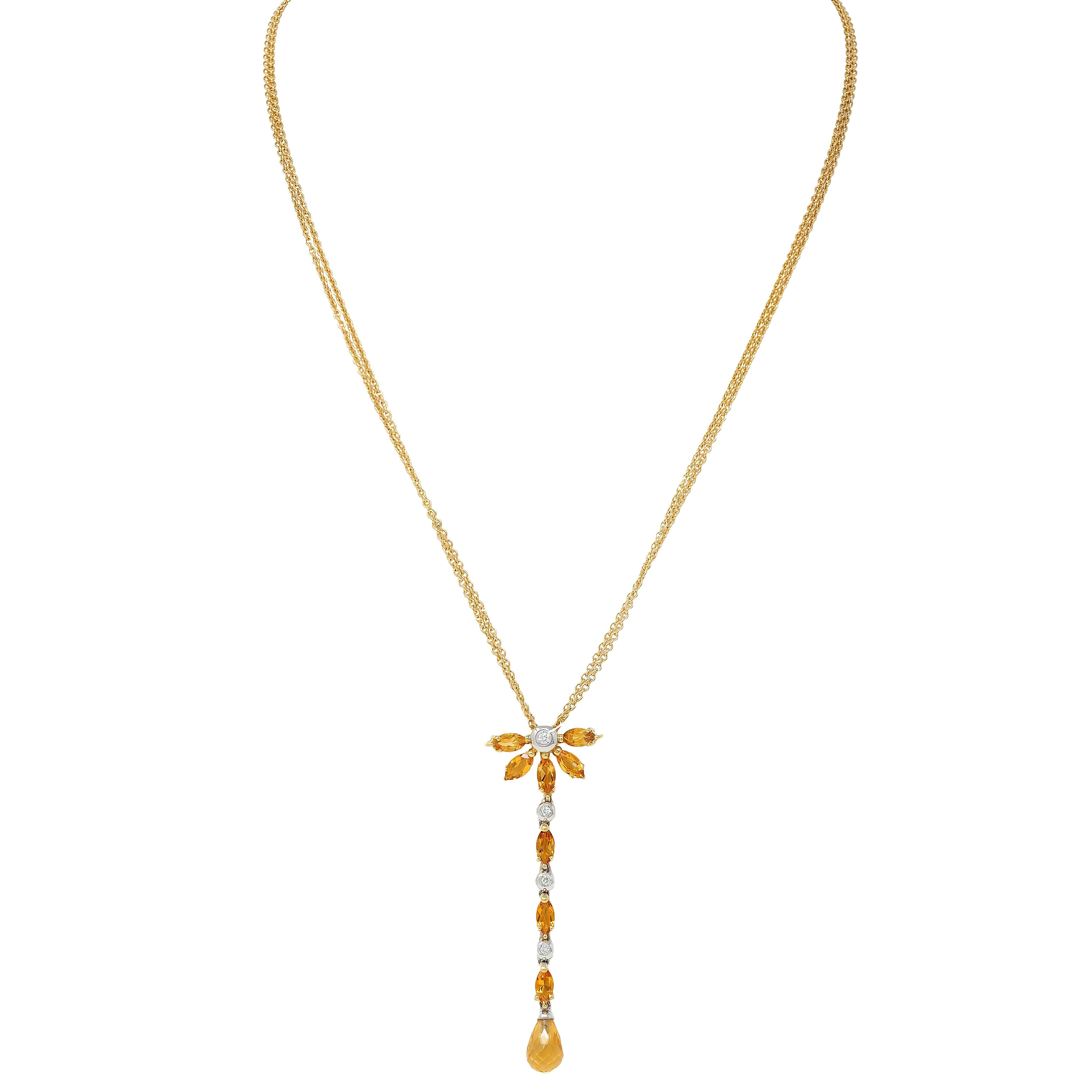 Contemporary 1.50 CTW Citrine Diamond 18 Karat Two-Tone Gold Drop Necklace