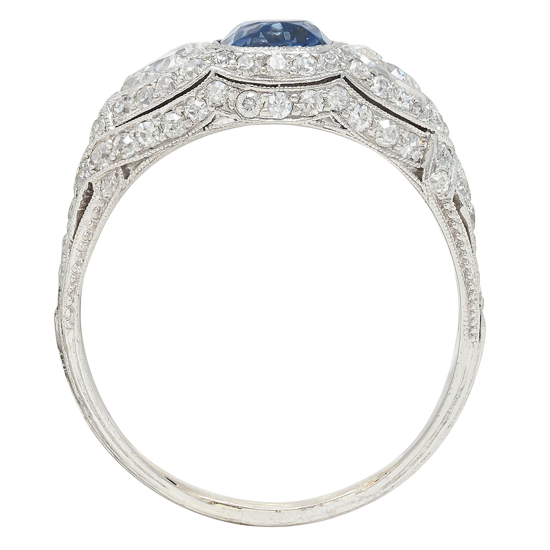 Art Deco 2.85 CTW No Heat Ceylon Sapphire Diamond Platinum Vintage Bombé Ring