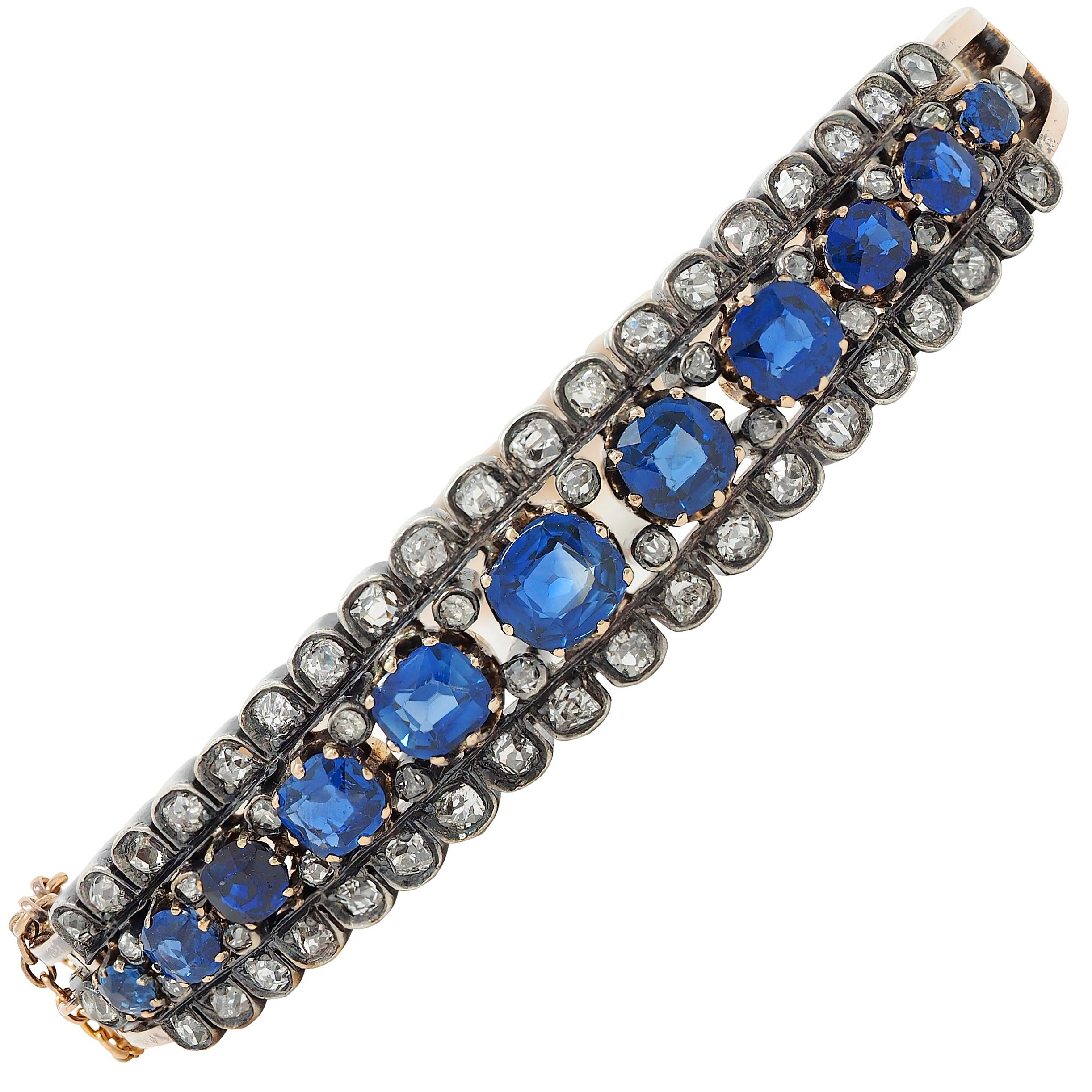 Victorian 8.51 CTW Sapphire Diamond 18K Gold Silver Antique Bangle Bracelet