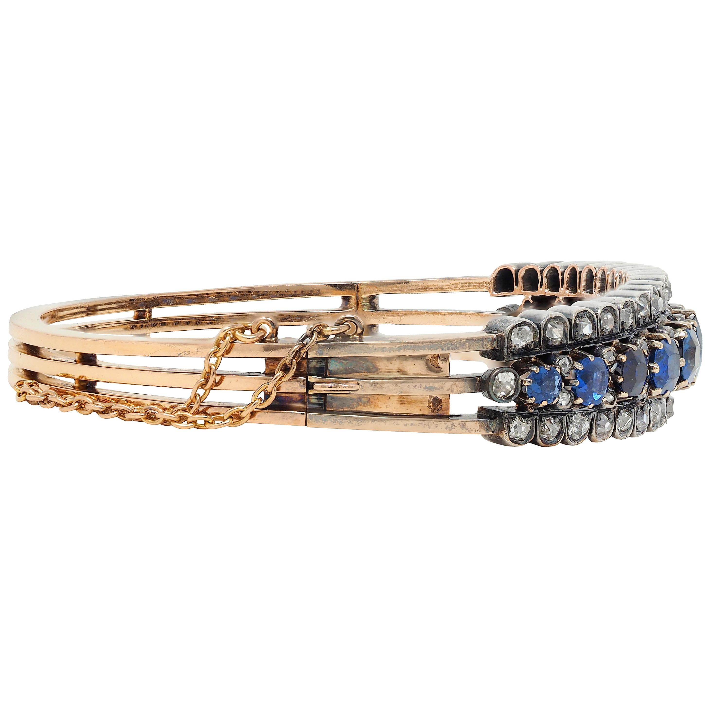 Victorian 8.51 CTW Sapphire Diamond 18K Gold Silver Antique Bangle Bracelet