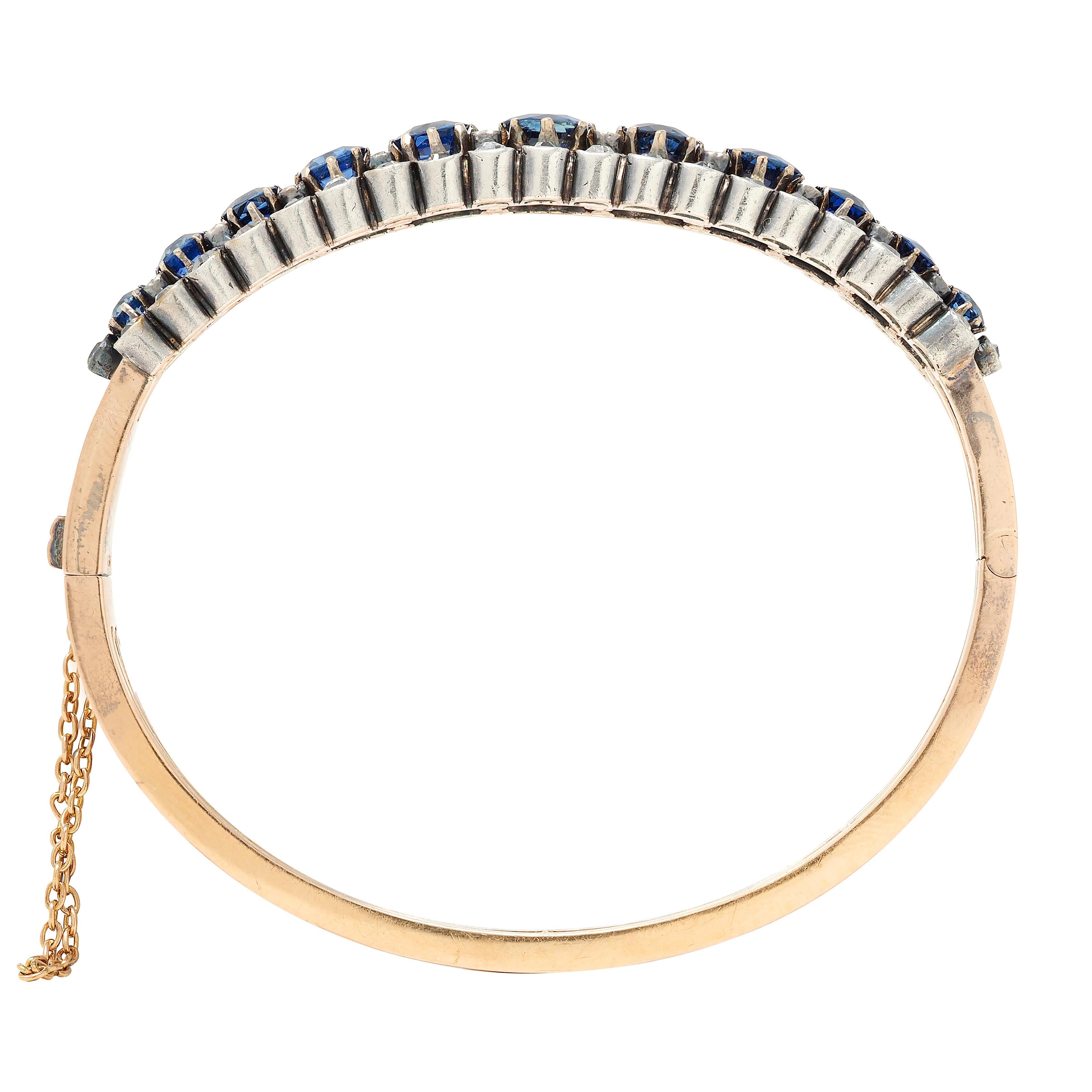 Victorian 8.51 CTW Sapphire Diamond 18K Gold Silver Antique Bangle Bracelet
