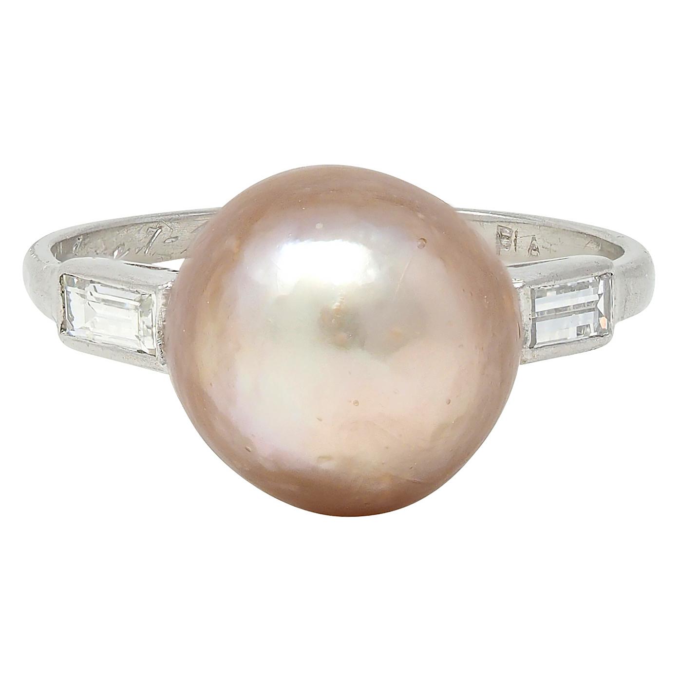 Art Deco 1933 Natural Saltwater Pearl Diamond Platinum Vintage Cocktail Ring