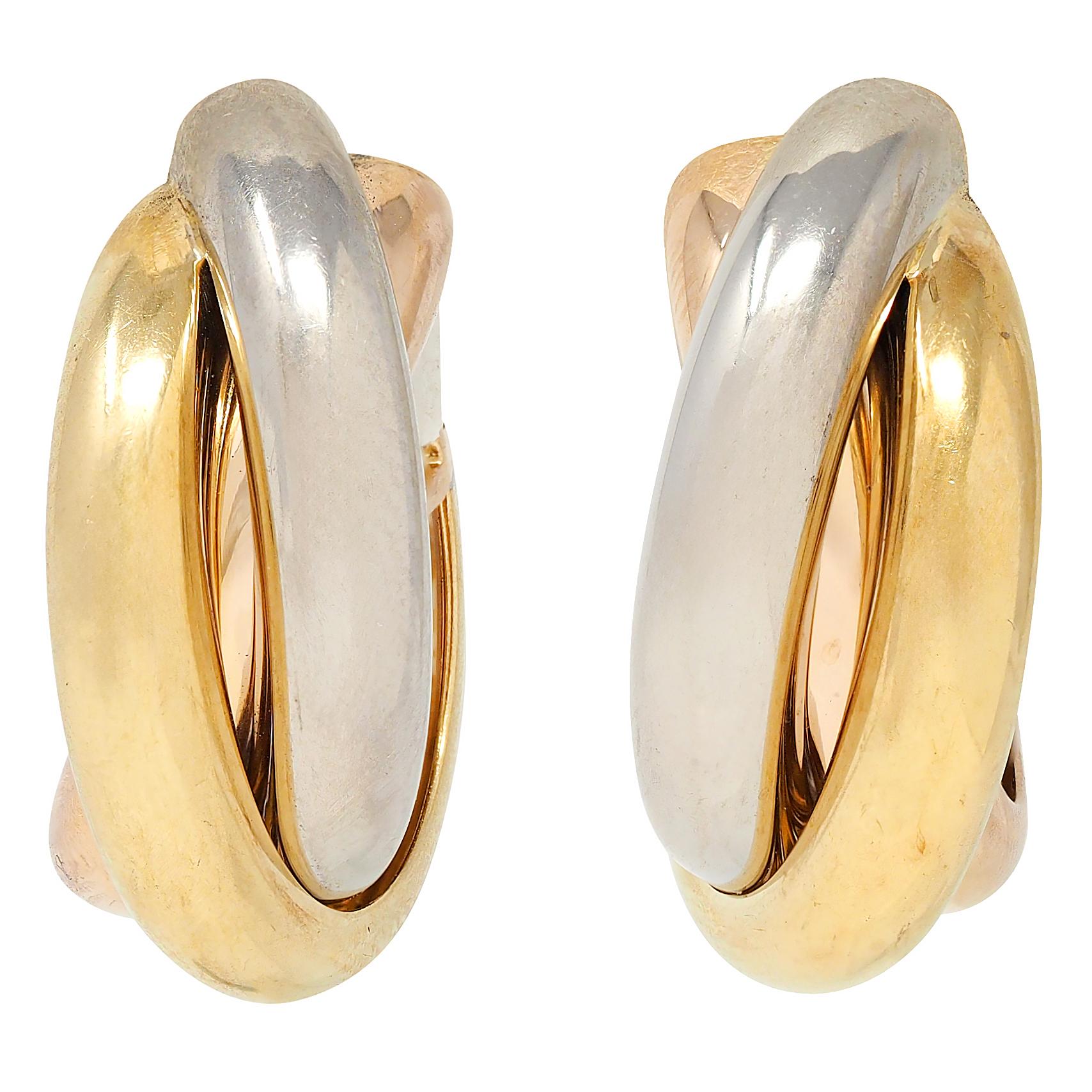 Cartier French 1990's 18 Karat Tri-Gold Rose Vintage Trinity Hoop Earrings
