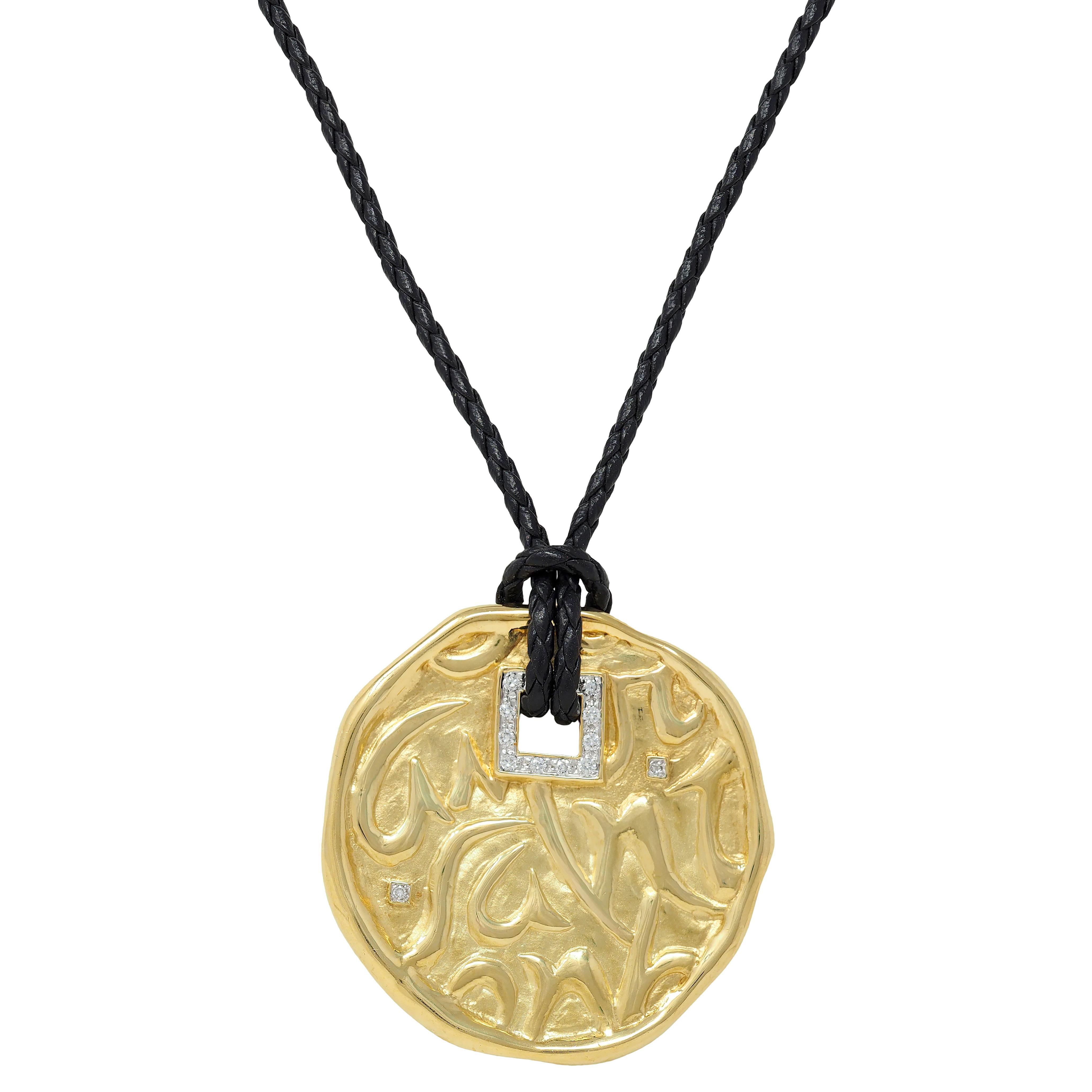 SeidenGang 2000's Diamond 18K Gold Leather Cord Circle Of Love Pendant Necklace