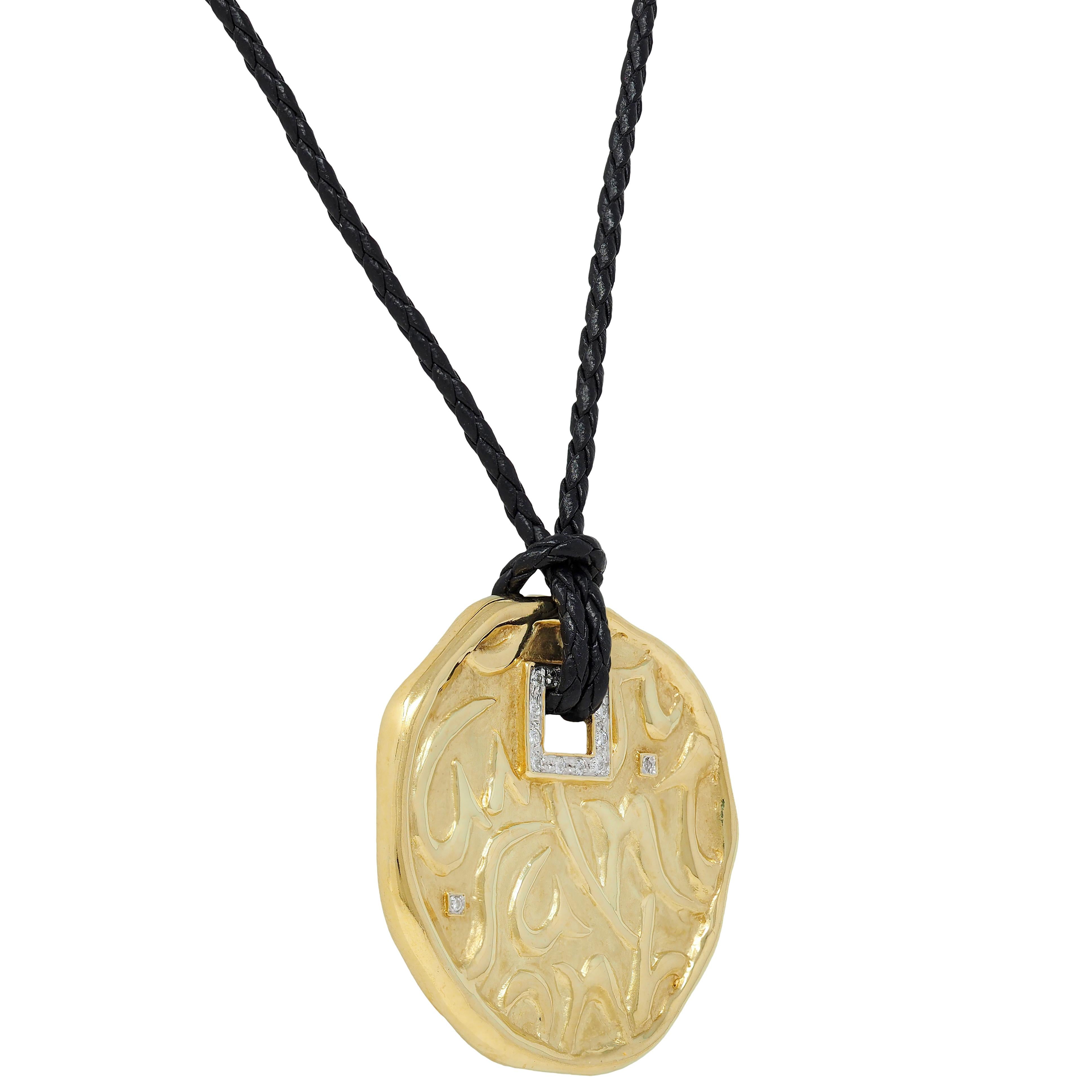 SeidenGang 2000's Diamond 18K Gold Leather Cord Circle Of Love Pendant Necklace