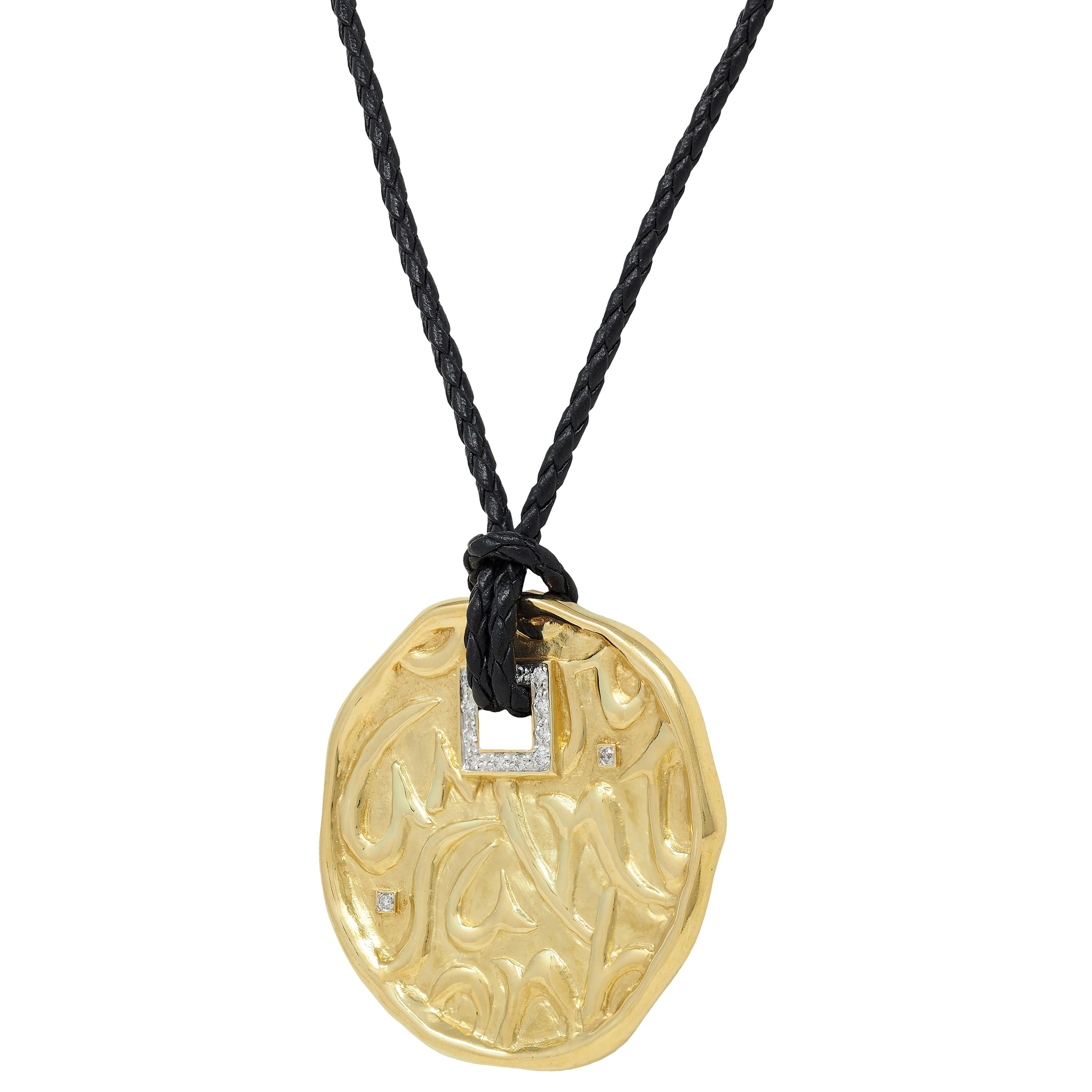 SeidenGang 2000's Diamond 18K Gold Leather Cord Circle Of Love Pendant Necklace