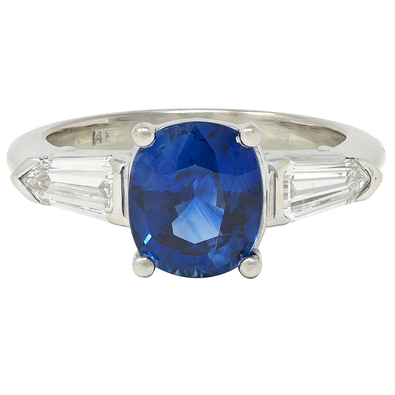 1980's 2.36 CTW Ceylon Sapphire Diamond 14K Gold Vintage Three Stone Ring GIA
