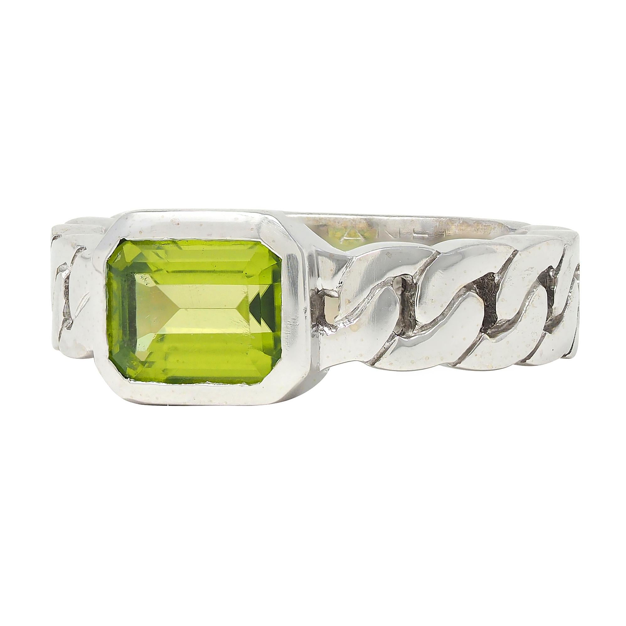 Chanel French 1980's Peridot 18K White Gold Curb Link Bezel Vintage Band Ring