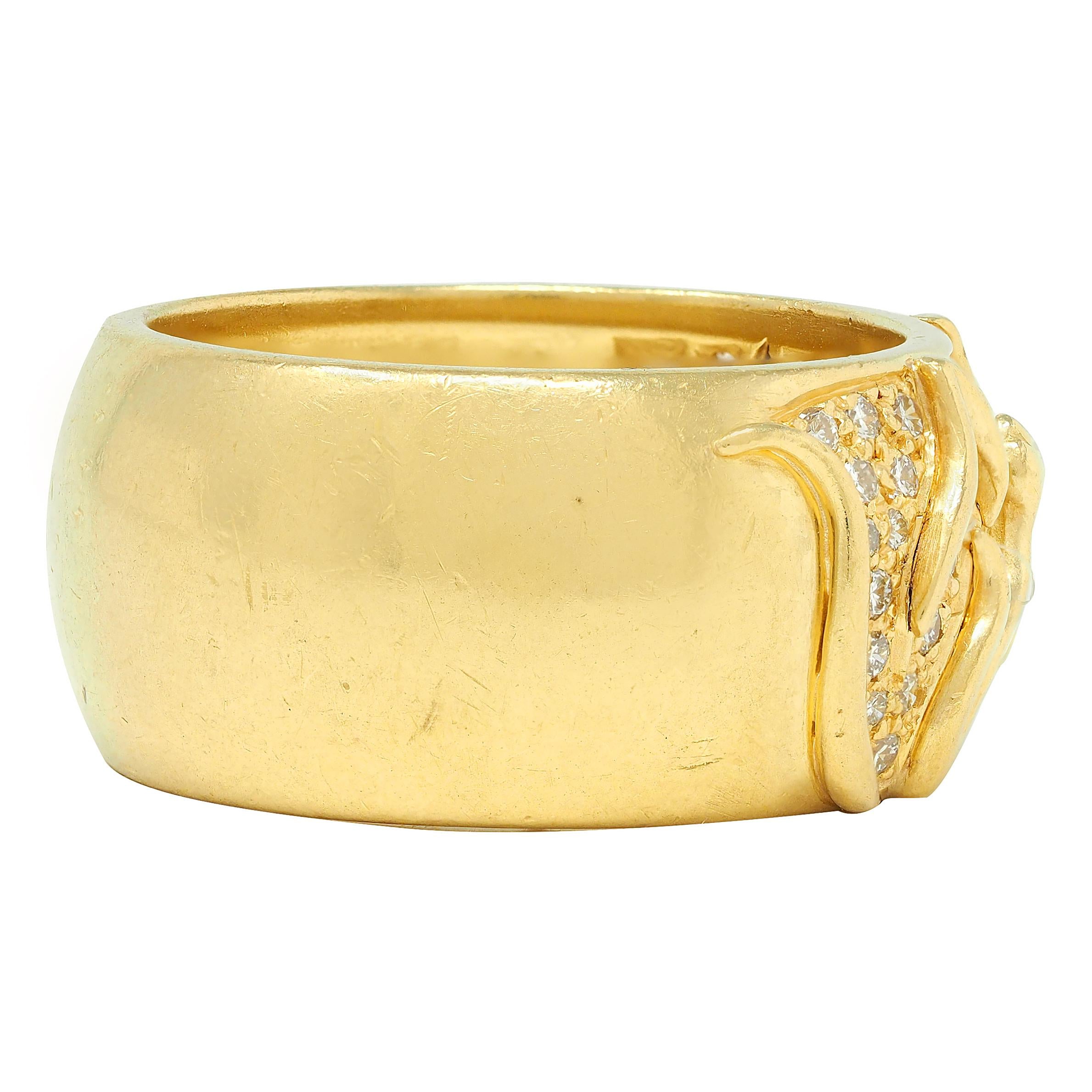 Jose Hess 1980's Diamond 18 Karat Yellow Gold Floral Vintage Wide Band Ring