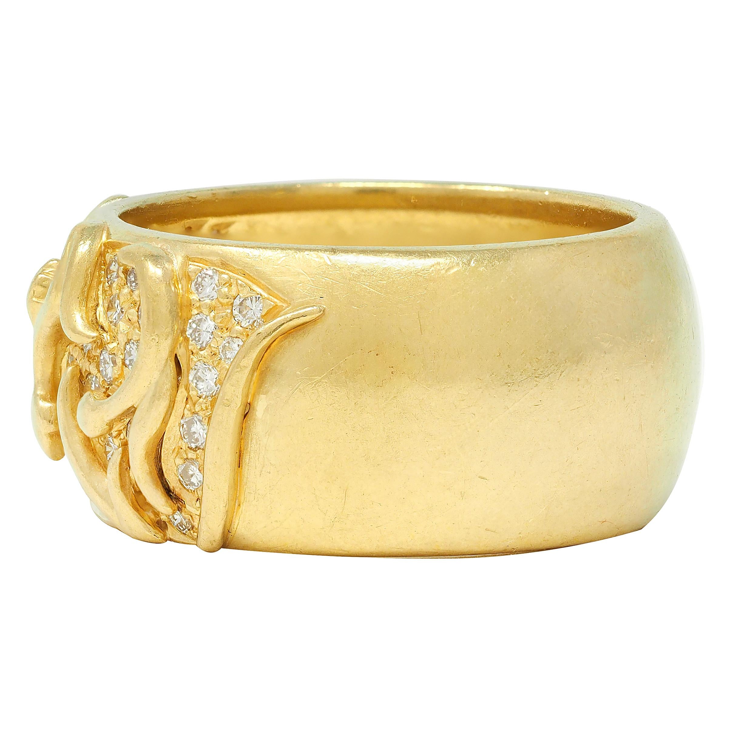 Jose Hess 1980's Diamond 18 Karat Yellow Gold Floral Vintage Wide Band Ring