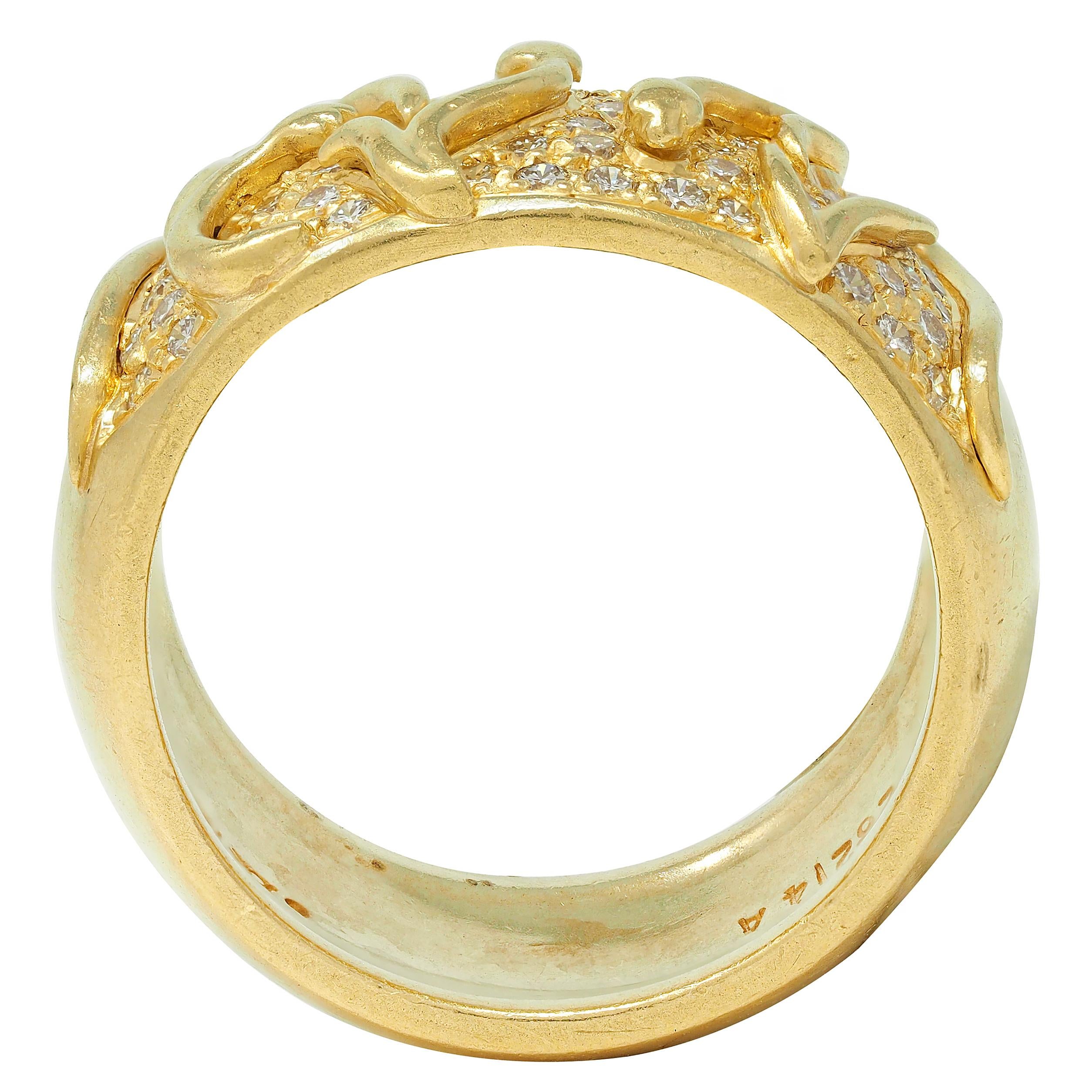 Jose Hess 1980's Diamond 18 Karat Yellow Gold Floral Vintage Wide Band Ring