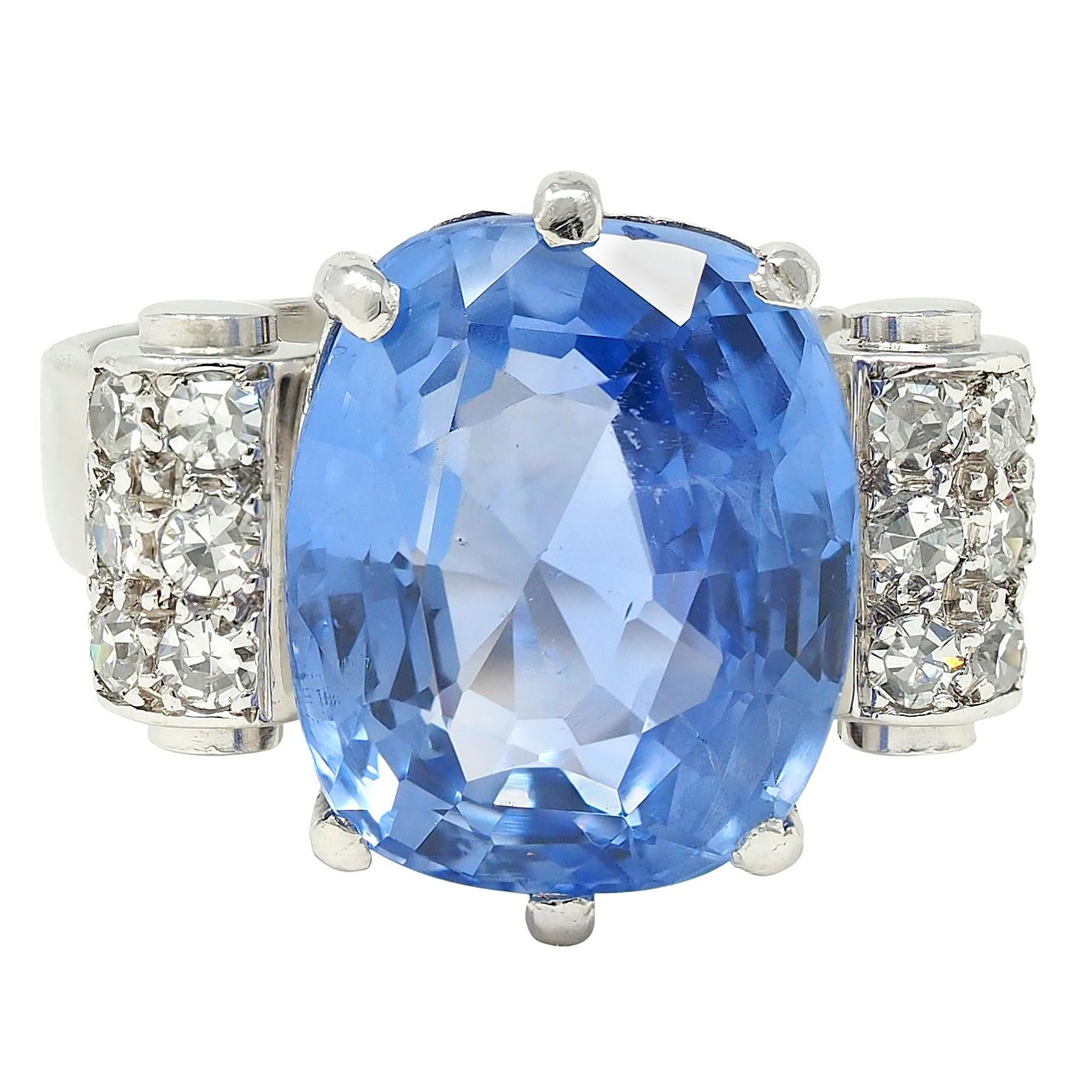 Mid-Century 10.04 CTW No Heat Ceylon Sapphire Diamond Platinum Vintage Ring GIA