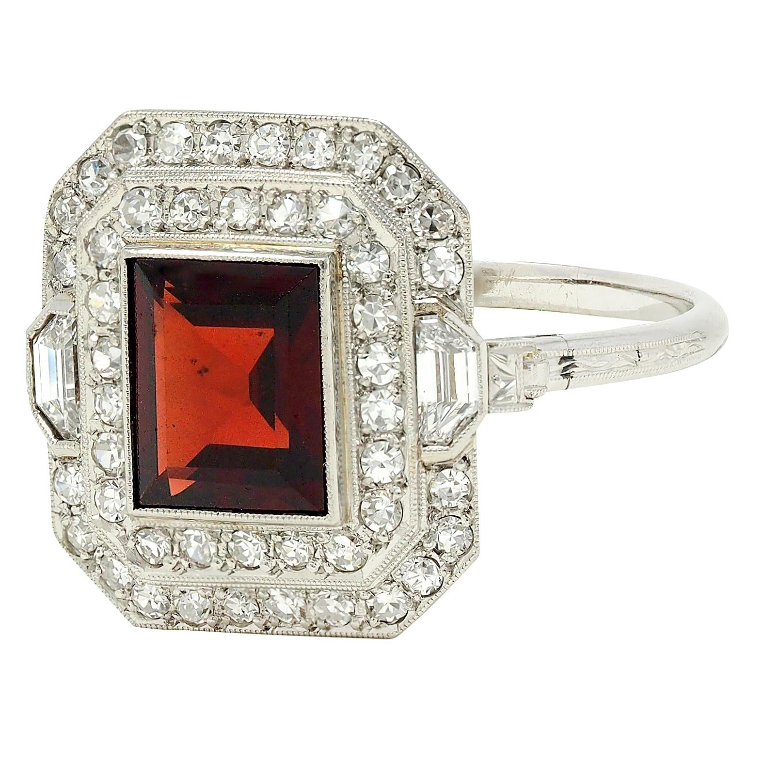 Art Deco 2.50 CTW Garnet Diamond Platinum Vintage Double Halo Ring