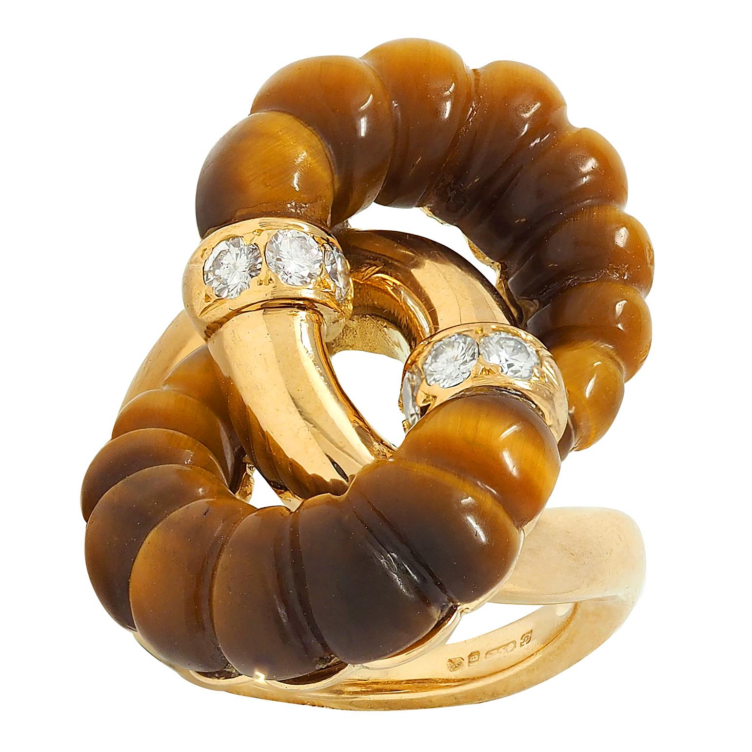 1973 French Diamond Tiger's Eye Quartz 18K Gold Interlocking Vintage Bypass Ring