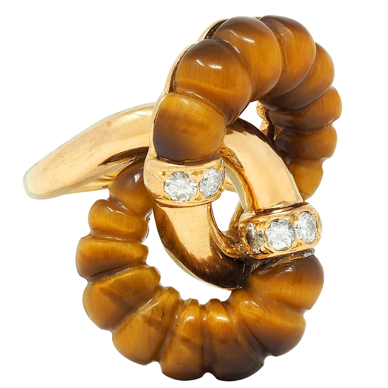 1973 French Diamond Tiger's Eye Quartz 18K Gold Interlocking Vintage Bypass Ring