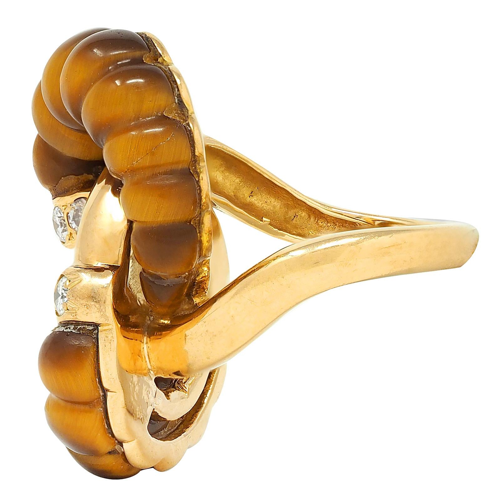 1973 French Diamond Tiger's Eye Quartz 18K Gold Interlocking Vintage Bypass Ring