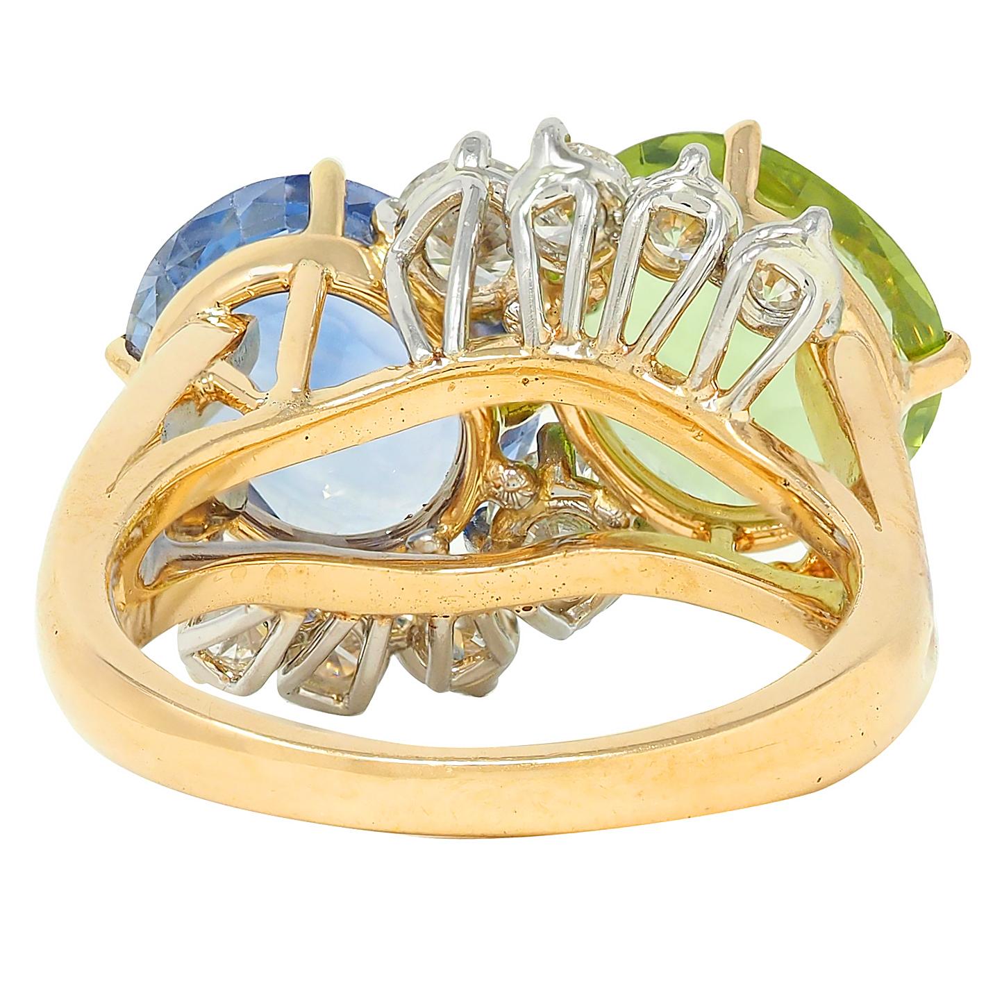 Oscar Heyman Sapphire Peridot Diamond Platinum 18K Gold Vintage Toi-Et-Moi Ring