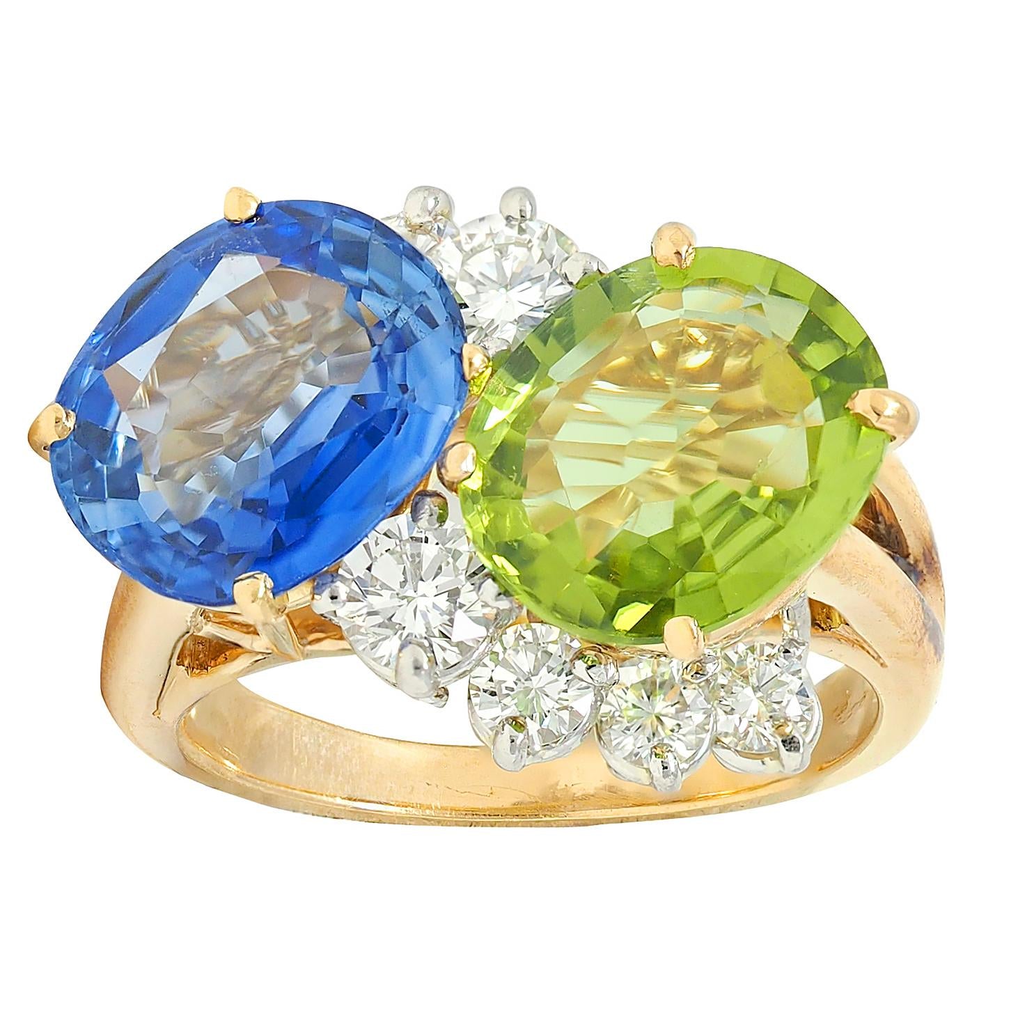 Oscar Heyman Sapphire Peridot Diamond Platinum 18K Gold Vintage Toi-Et-Moi Ring
